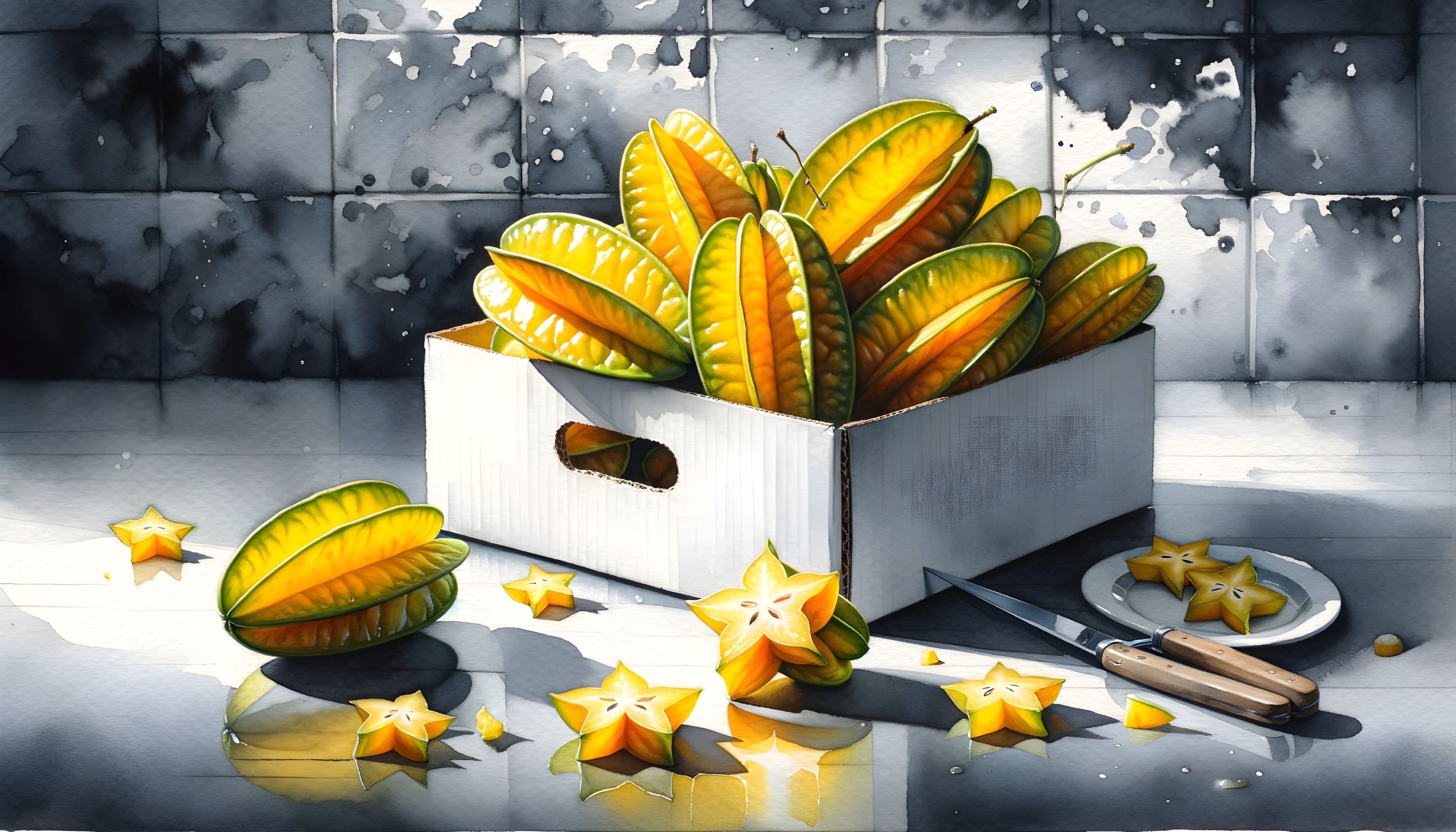Watercolor Painting of Star-Shaped Carambola Fruits