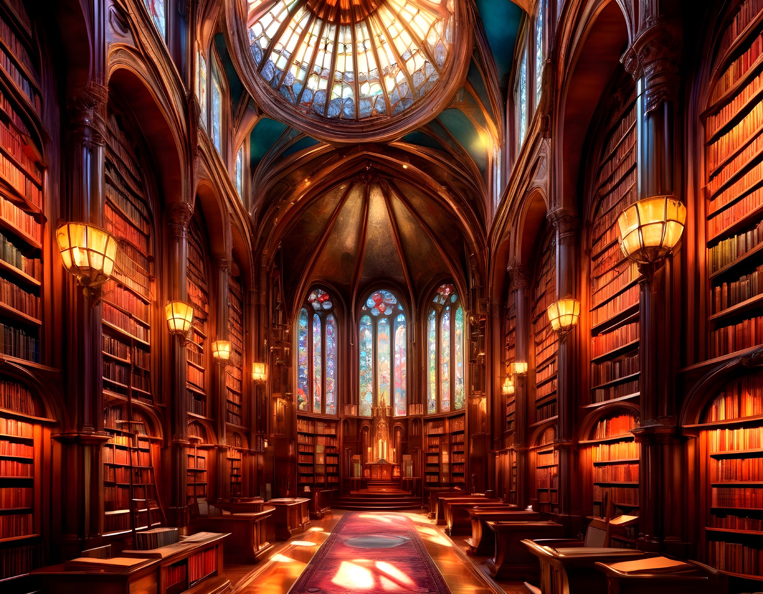 Stunning library with arched ceilings and wooden bookshelves