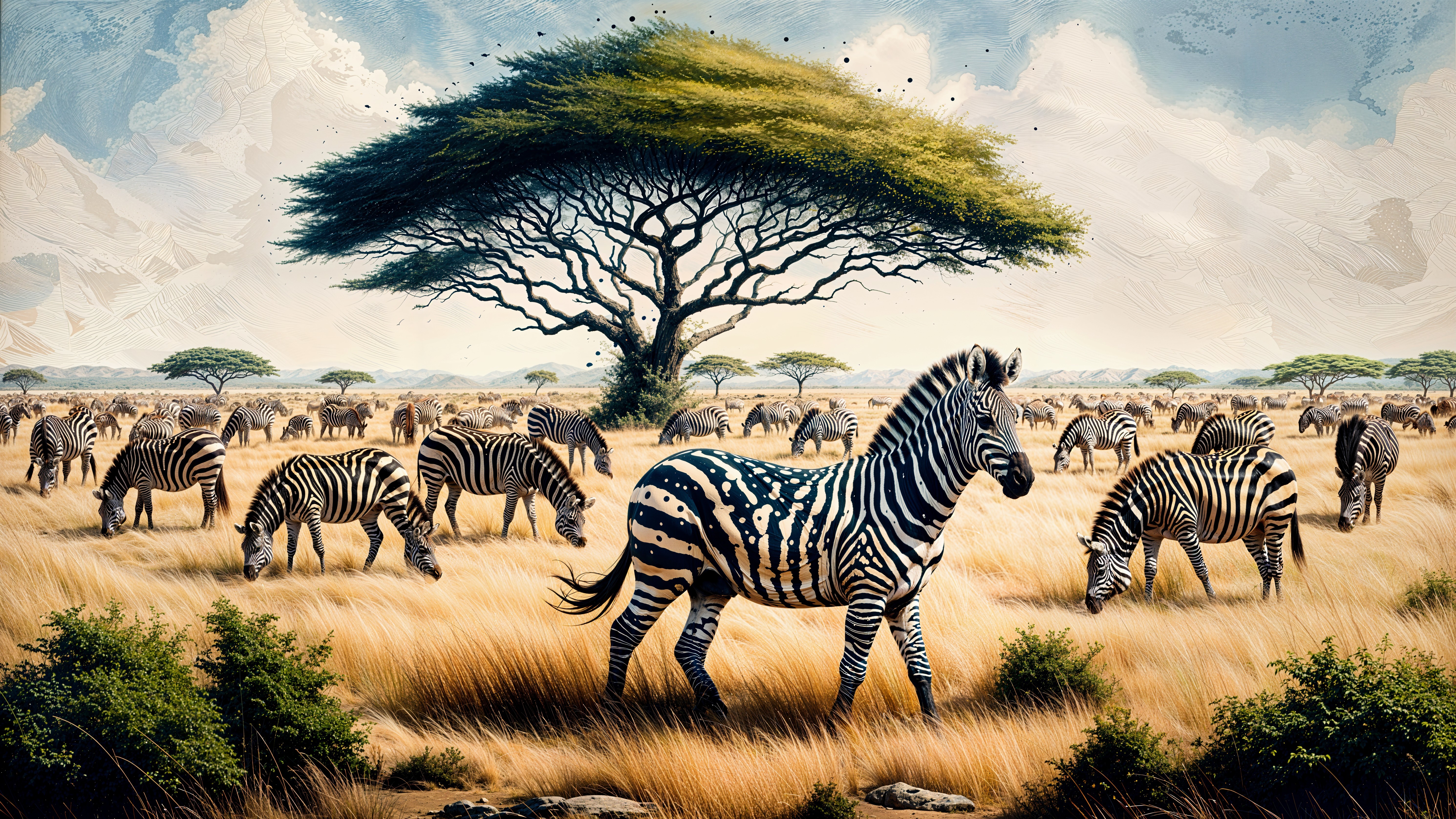 Savannah Scene with Herd of Grazing Zebras