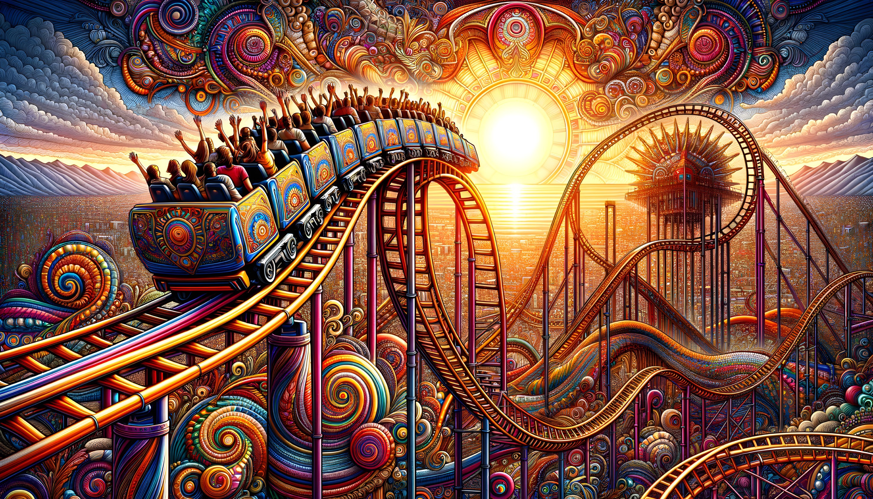 Surreal Roller Coaster Ride Against Cityscape Sunset
