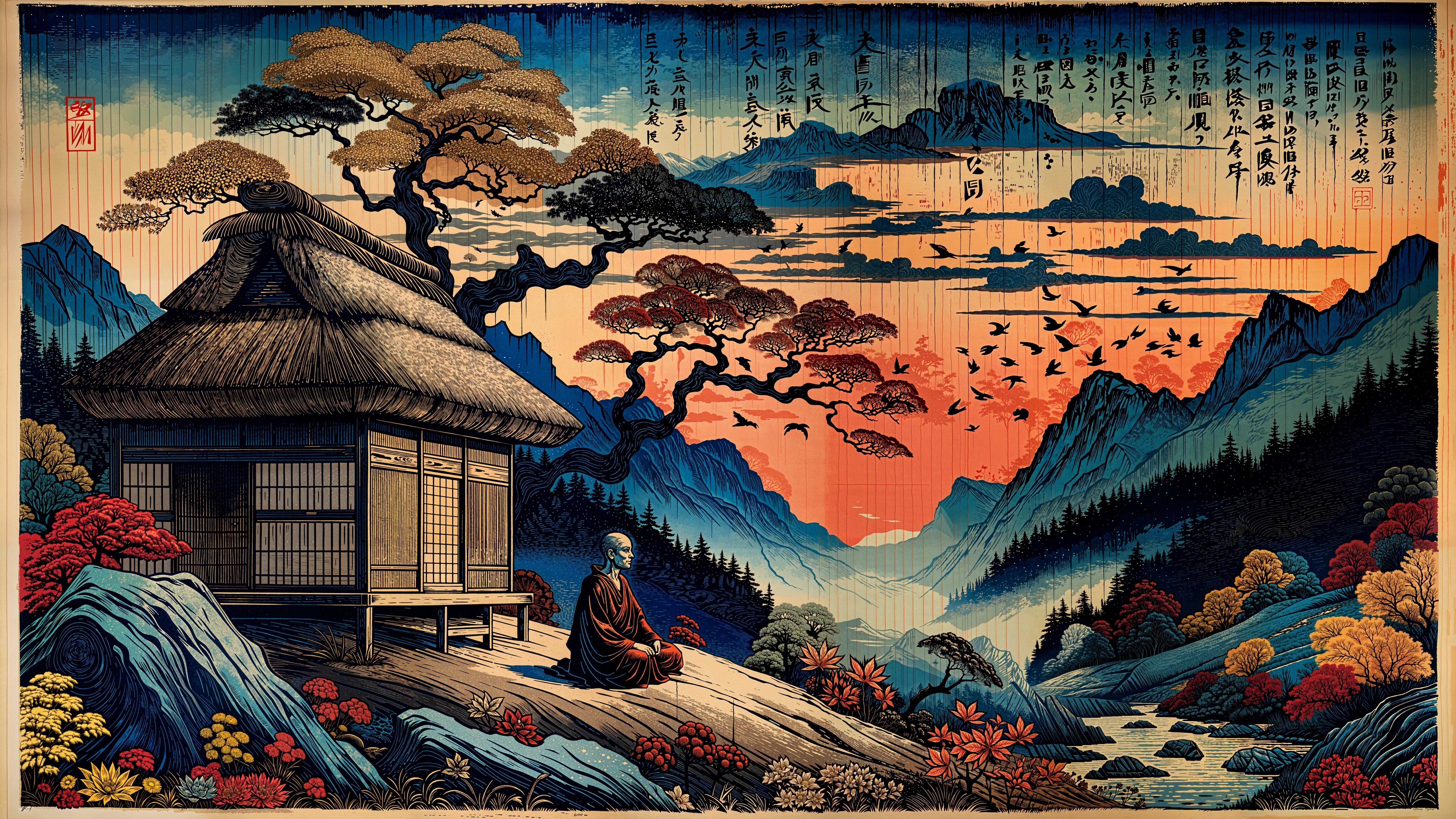 Serene Japanese Landscape with Hut and Tranquil Monk