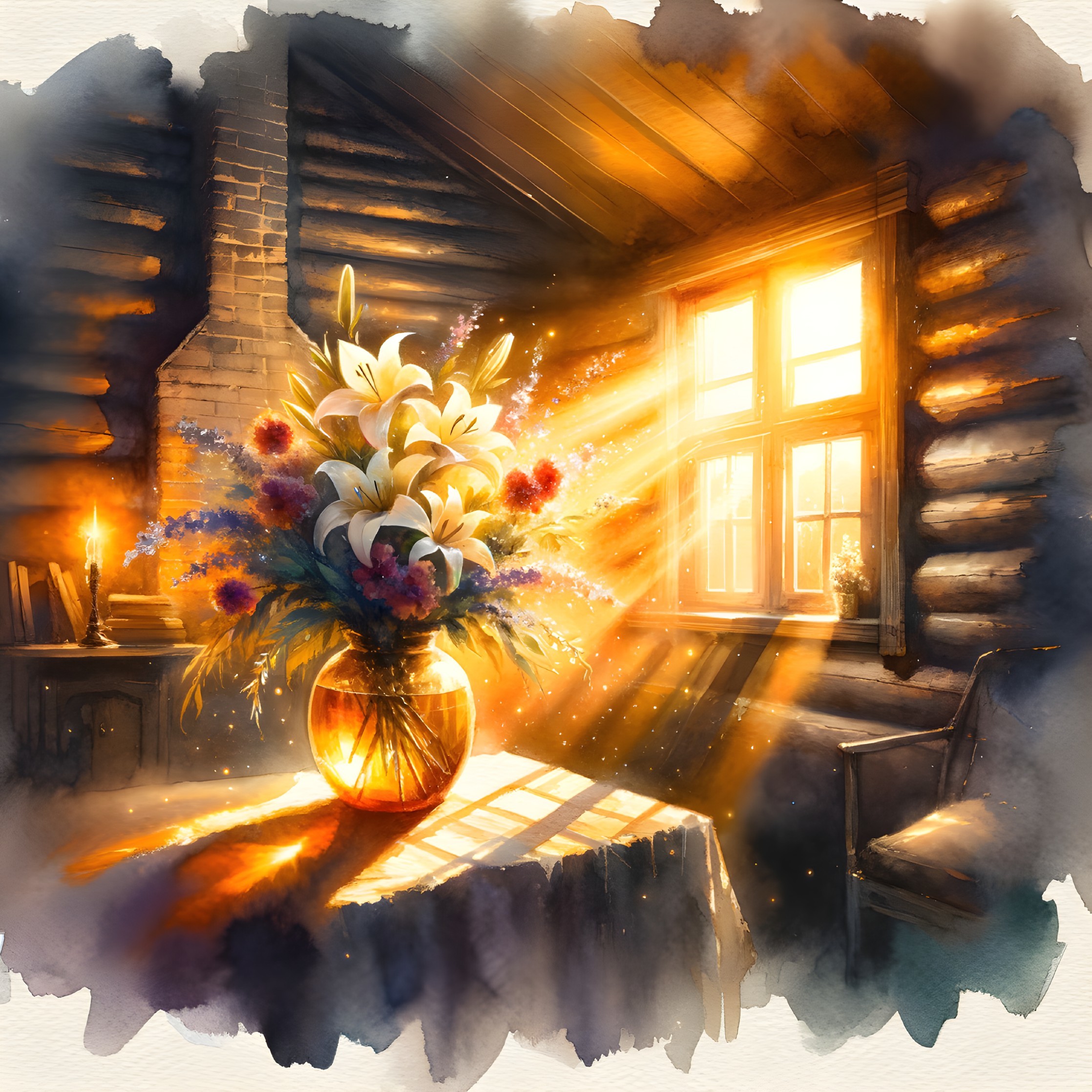 Sunlight Illuminates Flowers in Rustic Cabin Setting
