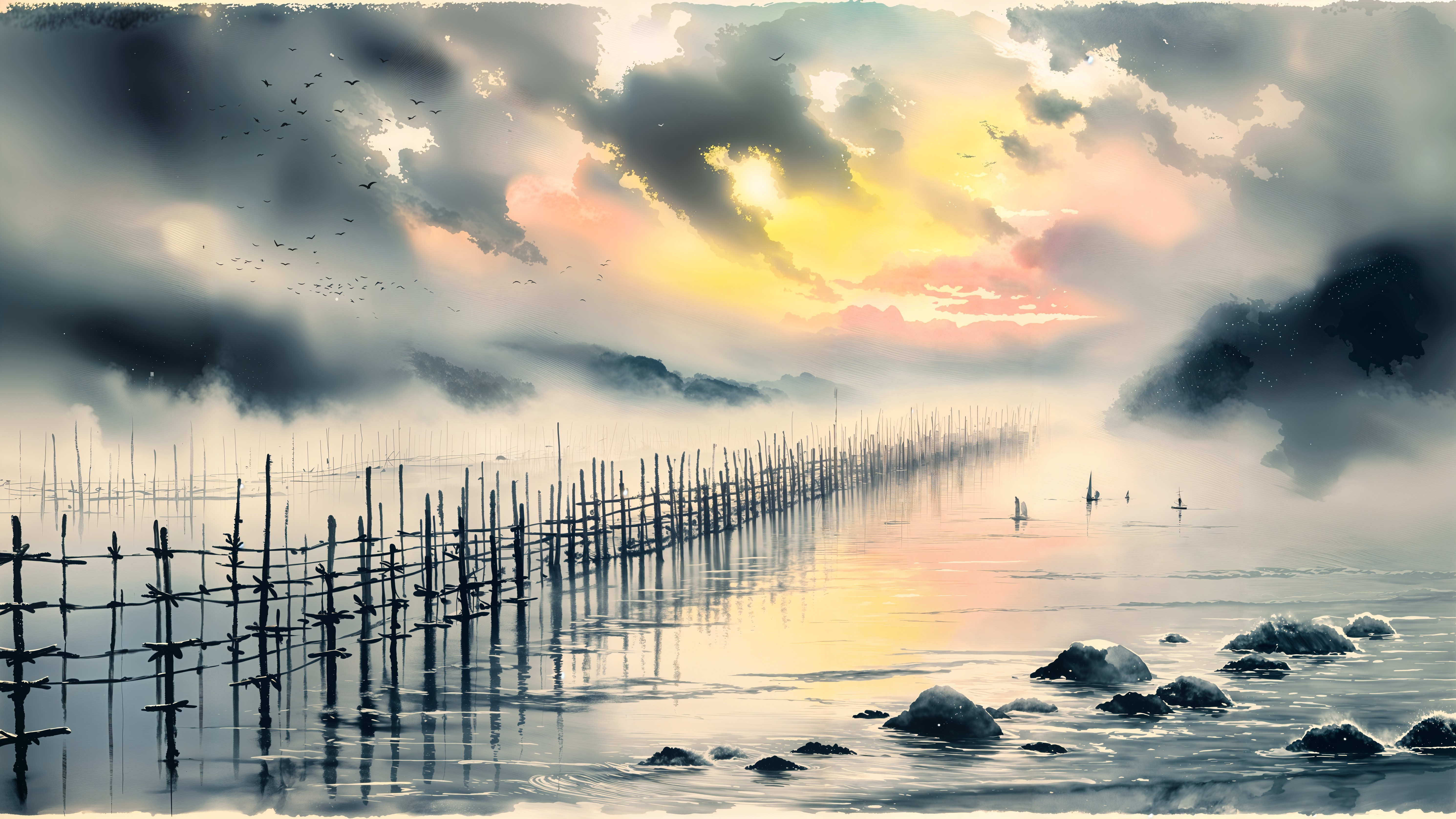 Serene Dawn Landscape with Misty Lake and Silhouettes