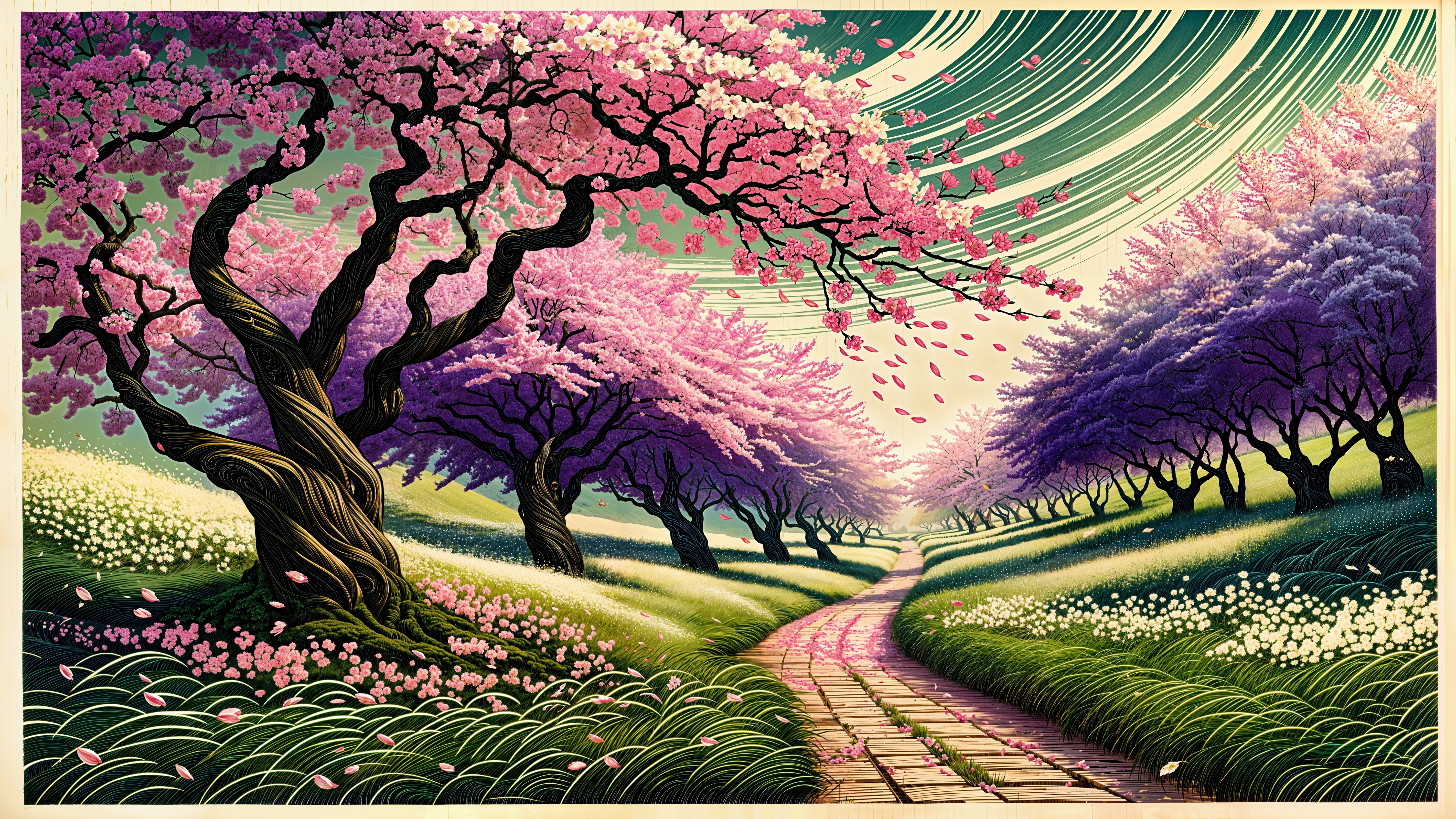 Serene landscape with cherry blossoms and winding path