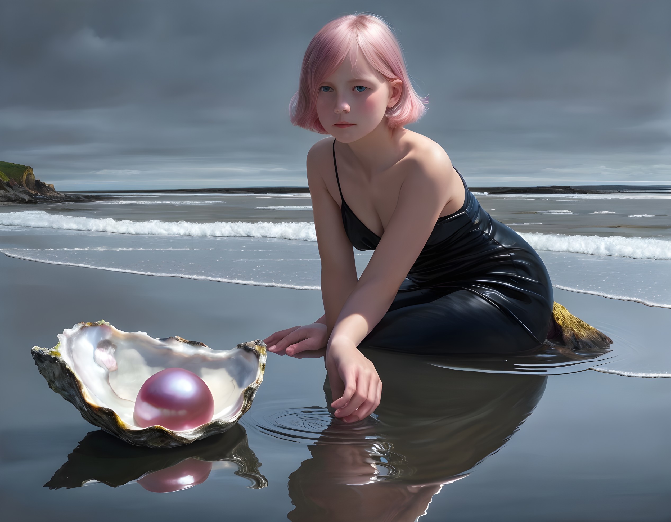 Young girl in black dress by rocky shoreline with pearl