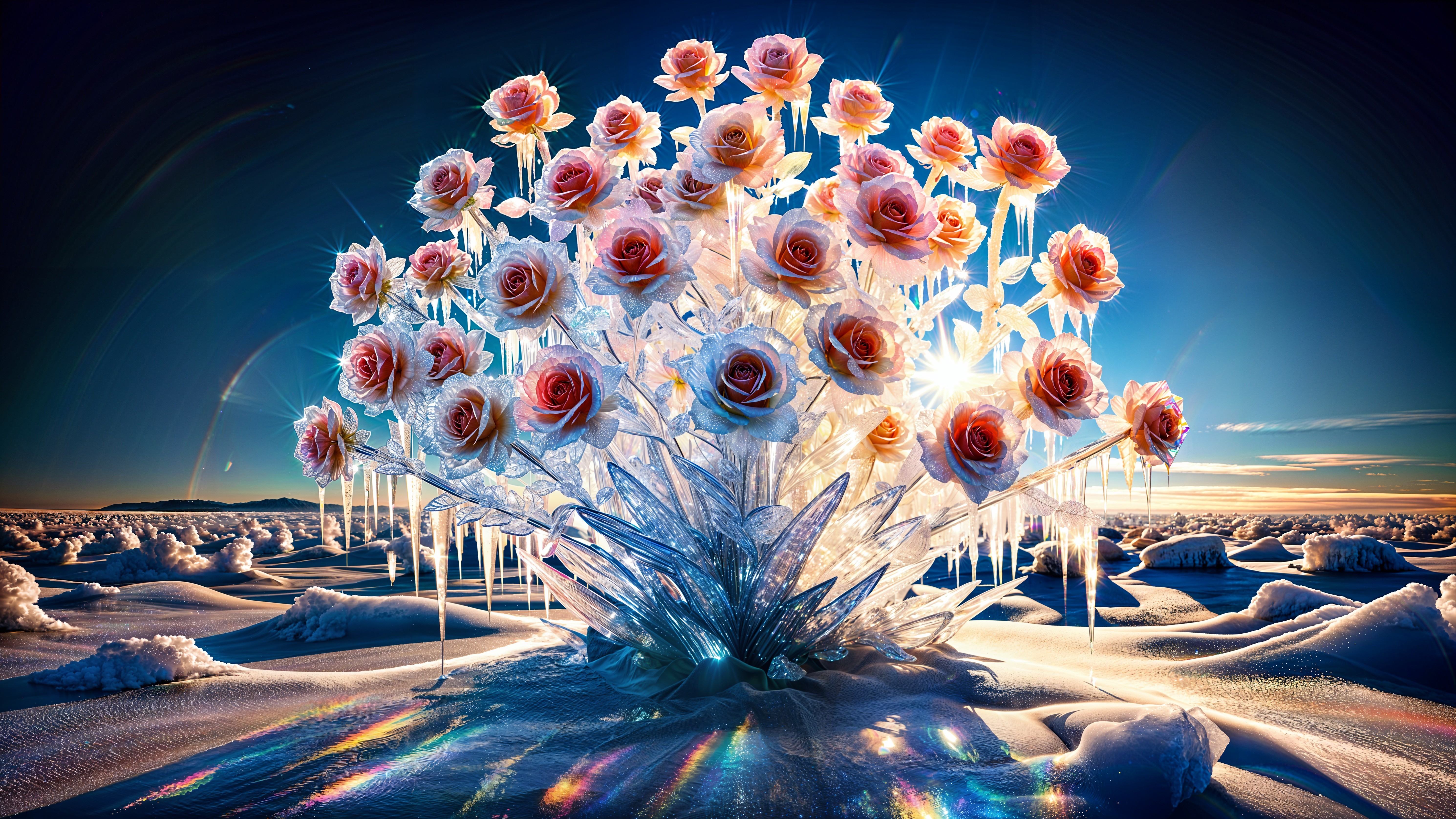 Crystalline Roses on Ice in a Snowy Landscape