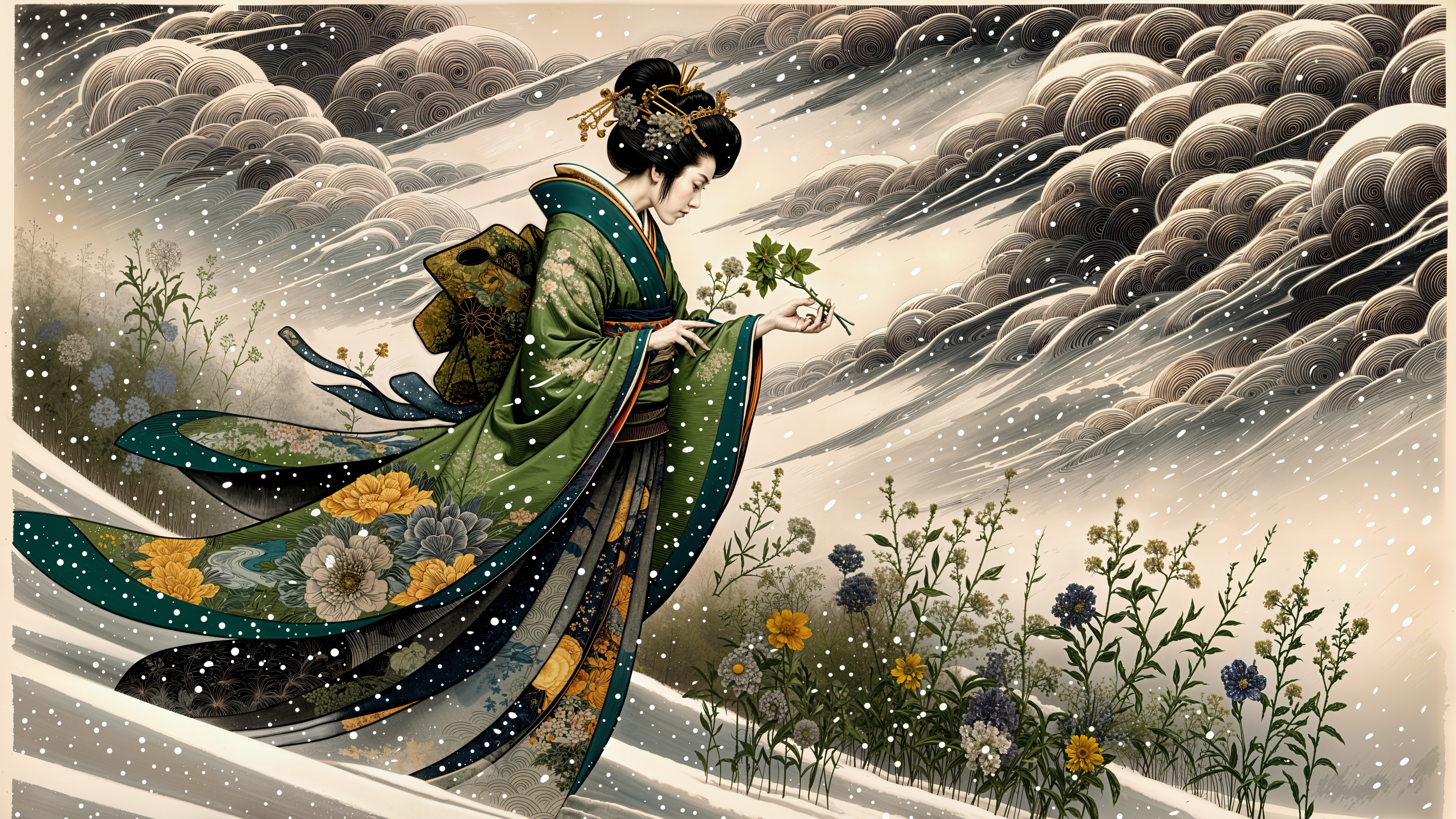 Woman in Kimono Walking Through Snowy Landscape