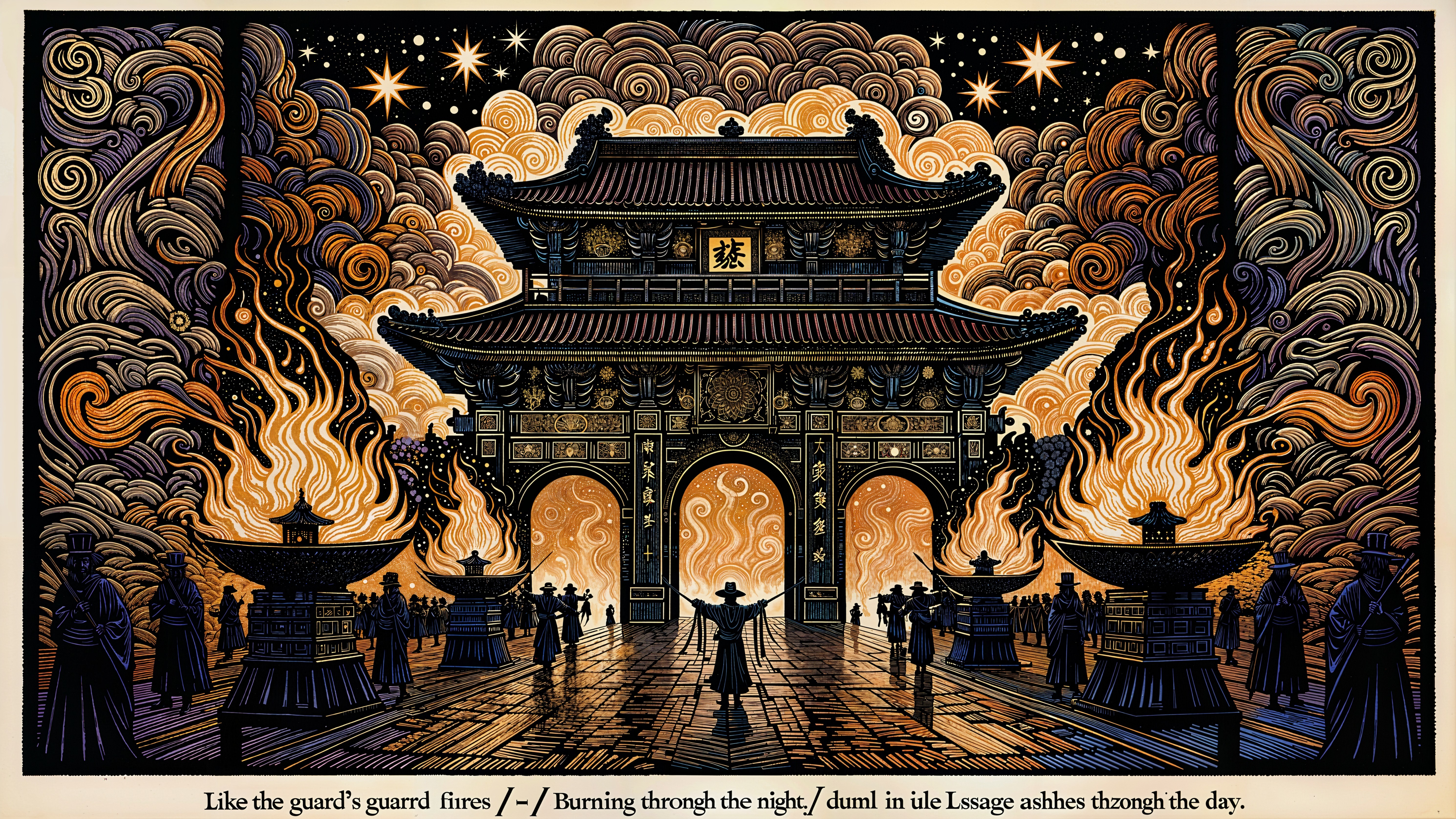 Ornate Asian-style gate with clouds and flames