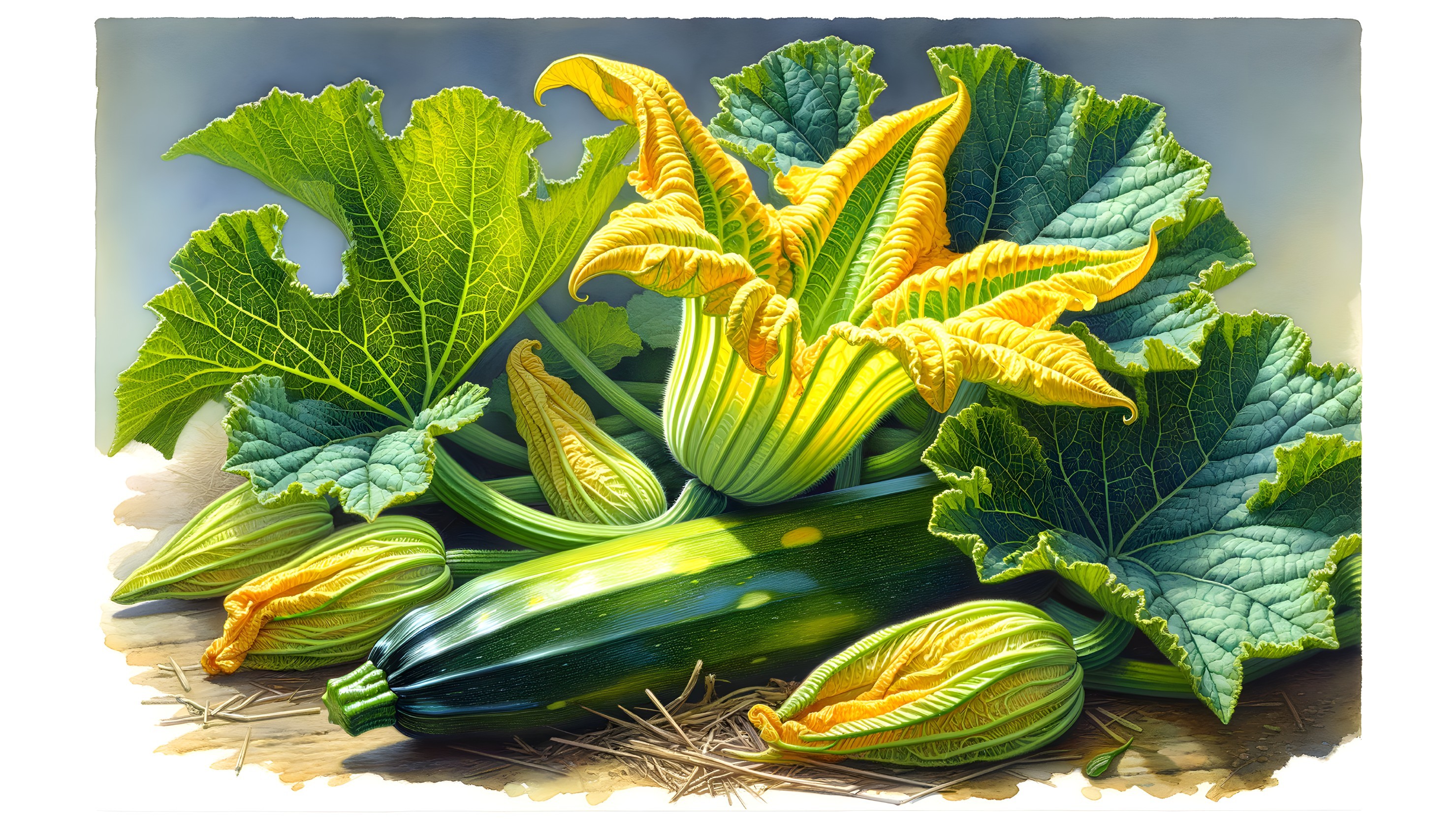 Vibrant Zucchini and Blossoms with Lush Green Leaves