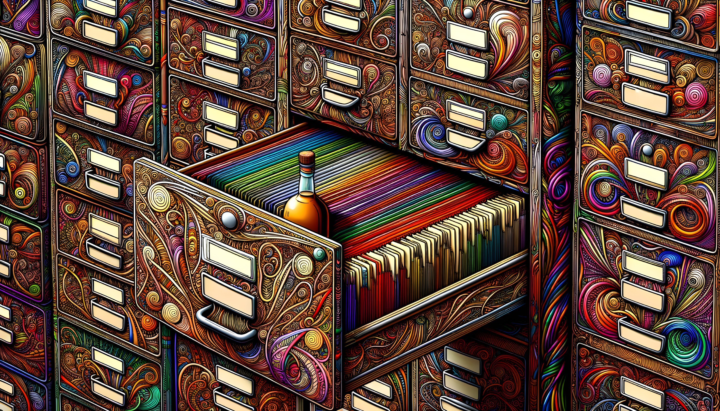 Colorful Intricately Designed Cabinet with File Drawers