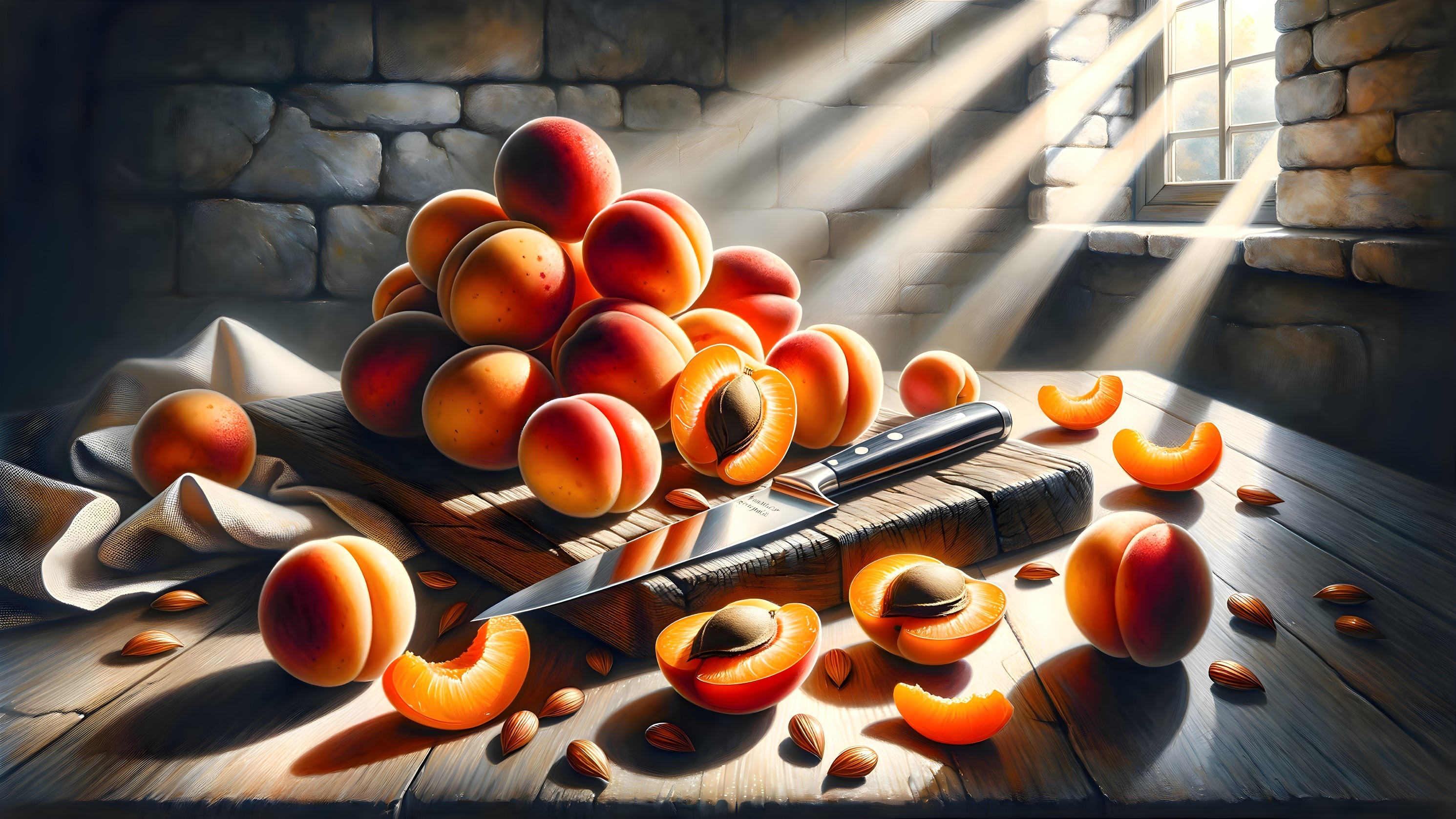 Rustic Wooden Table with Ripe Peaches and Sunlight