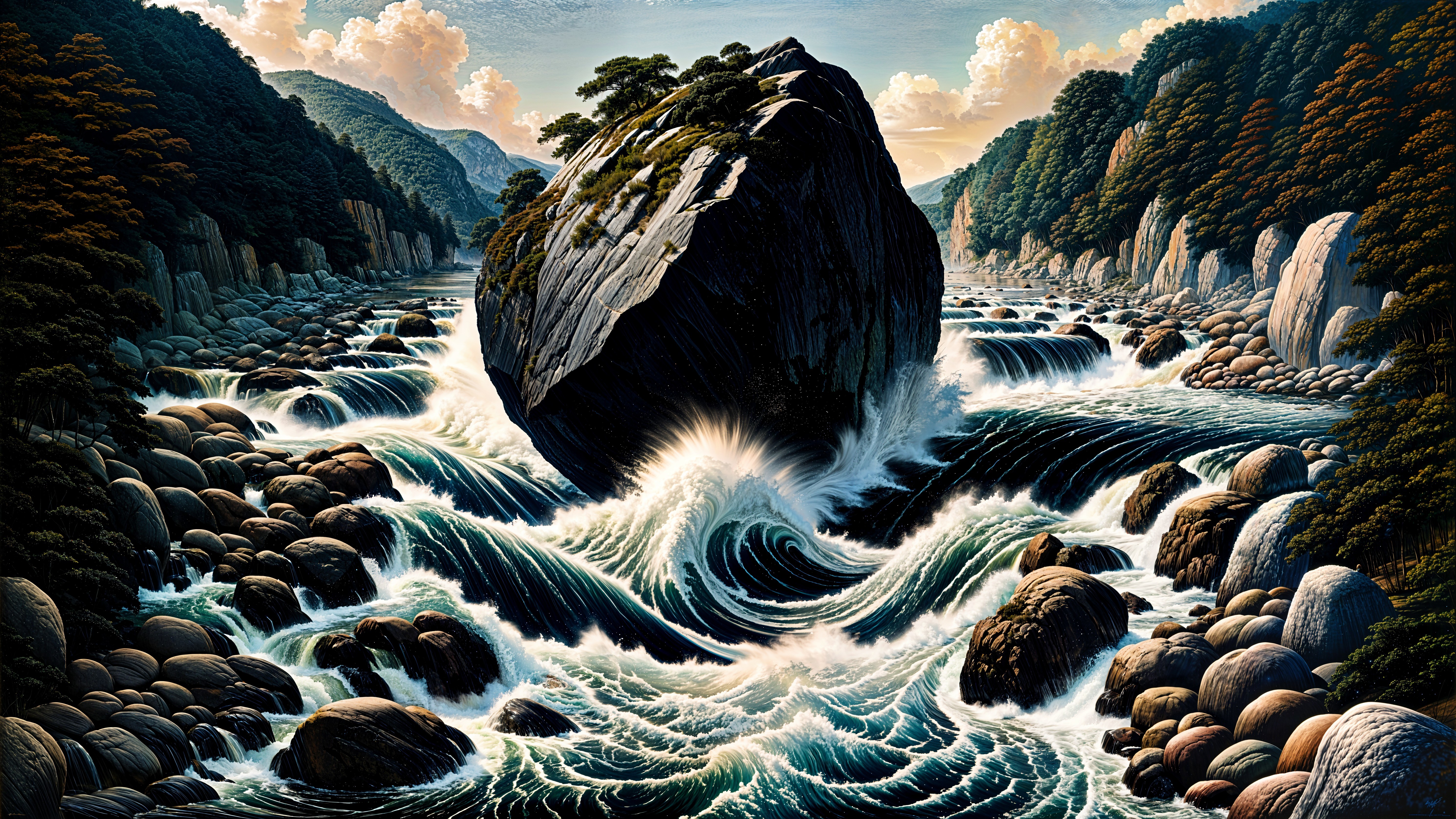 Rugged Rock by River with Waves and Dramatic Sky