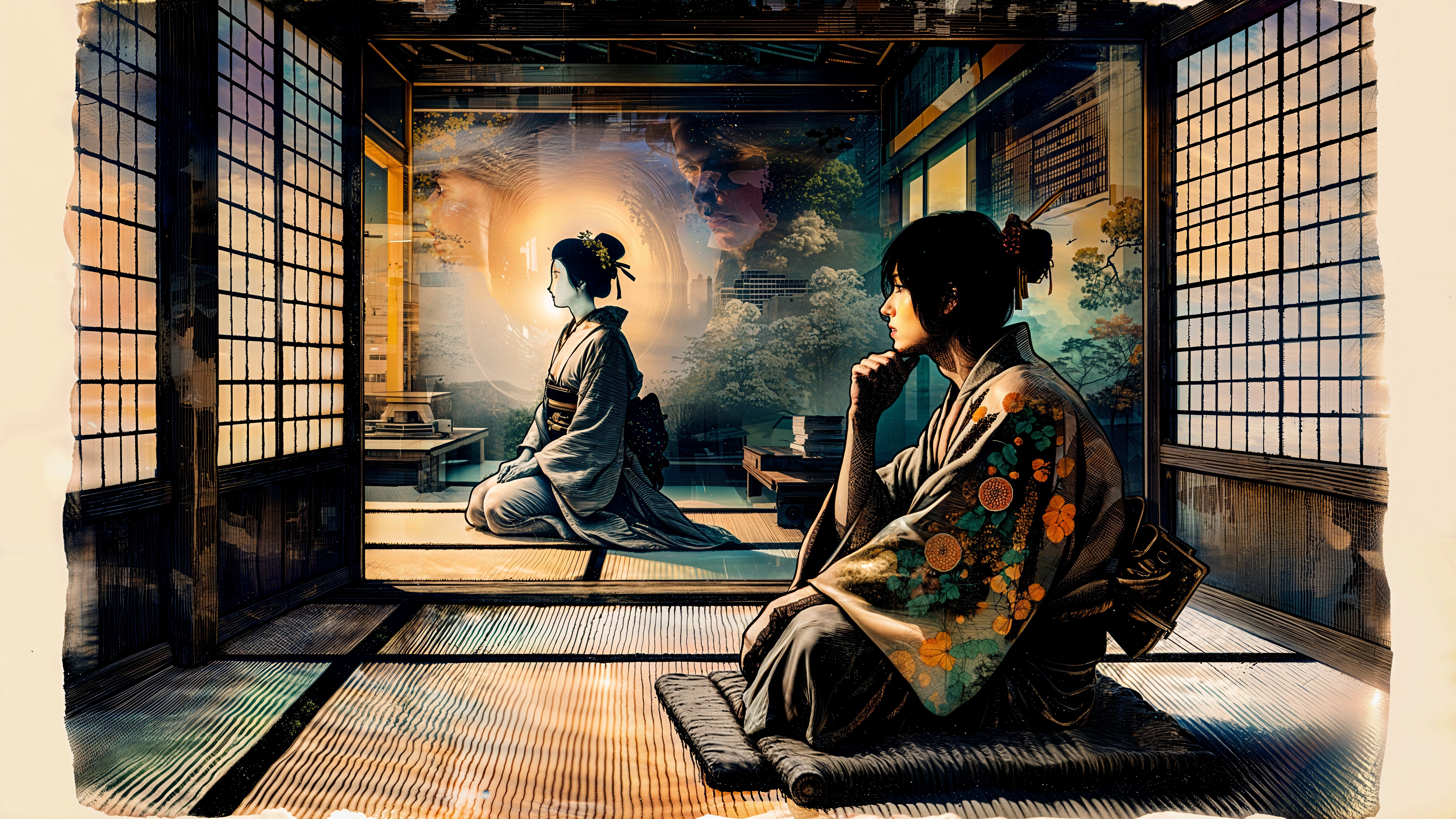 Traditional Japanese Room with Two Women in Kimono