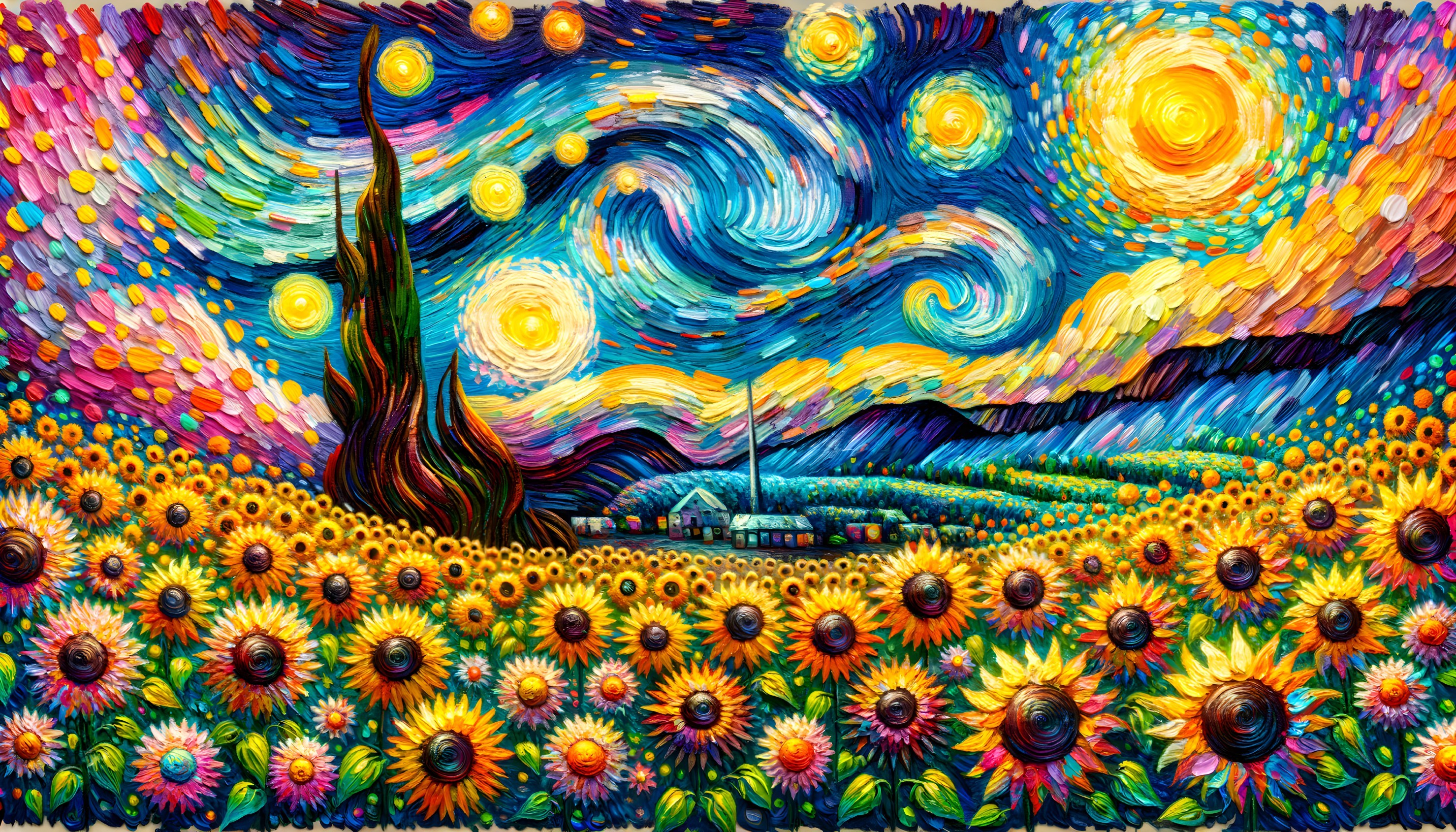Vivid Landscape of Sunflowers and Swirling Skies
