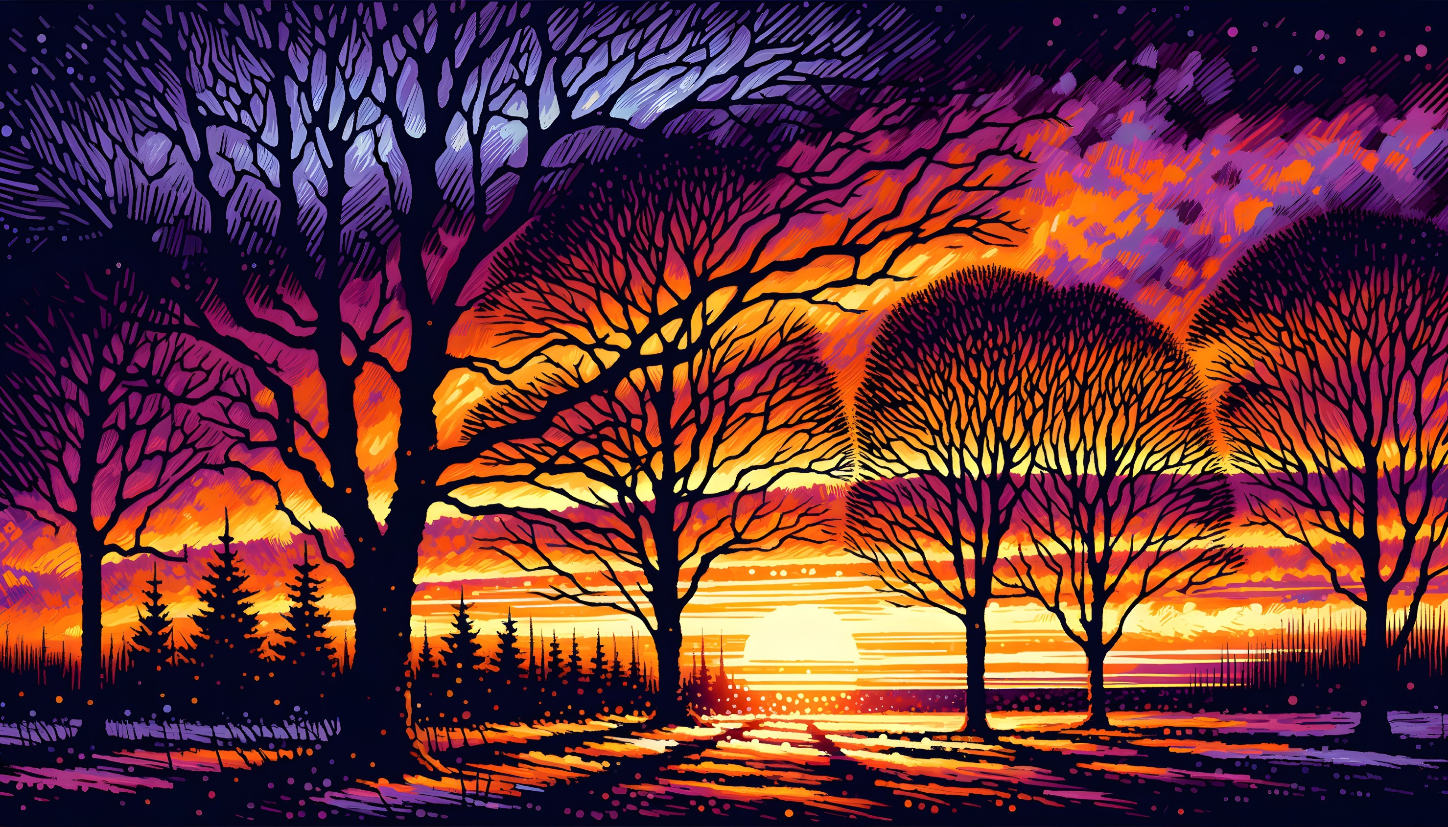 speedpainting plus linocut = winter sunset