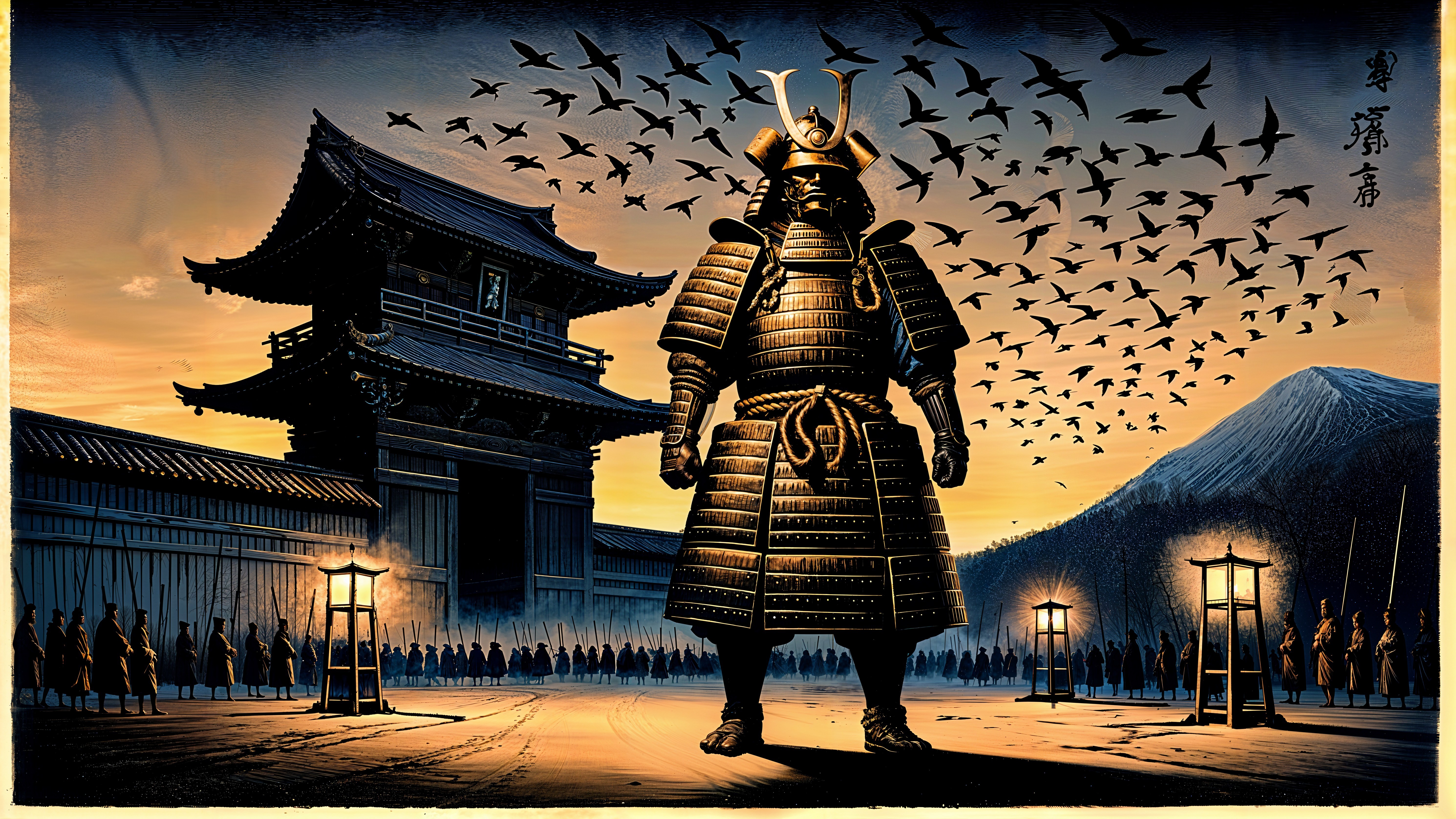 Samurai in Armor with Sunset and Japanese Landscape