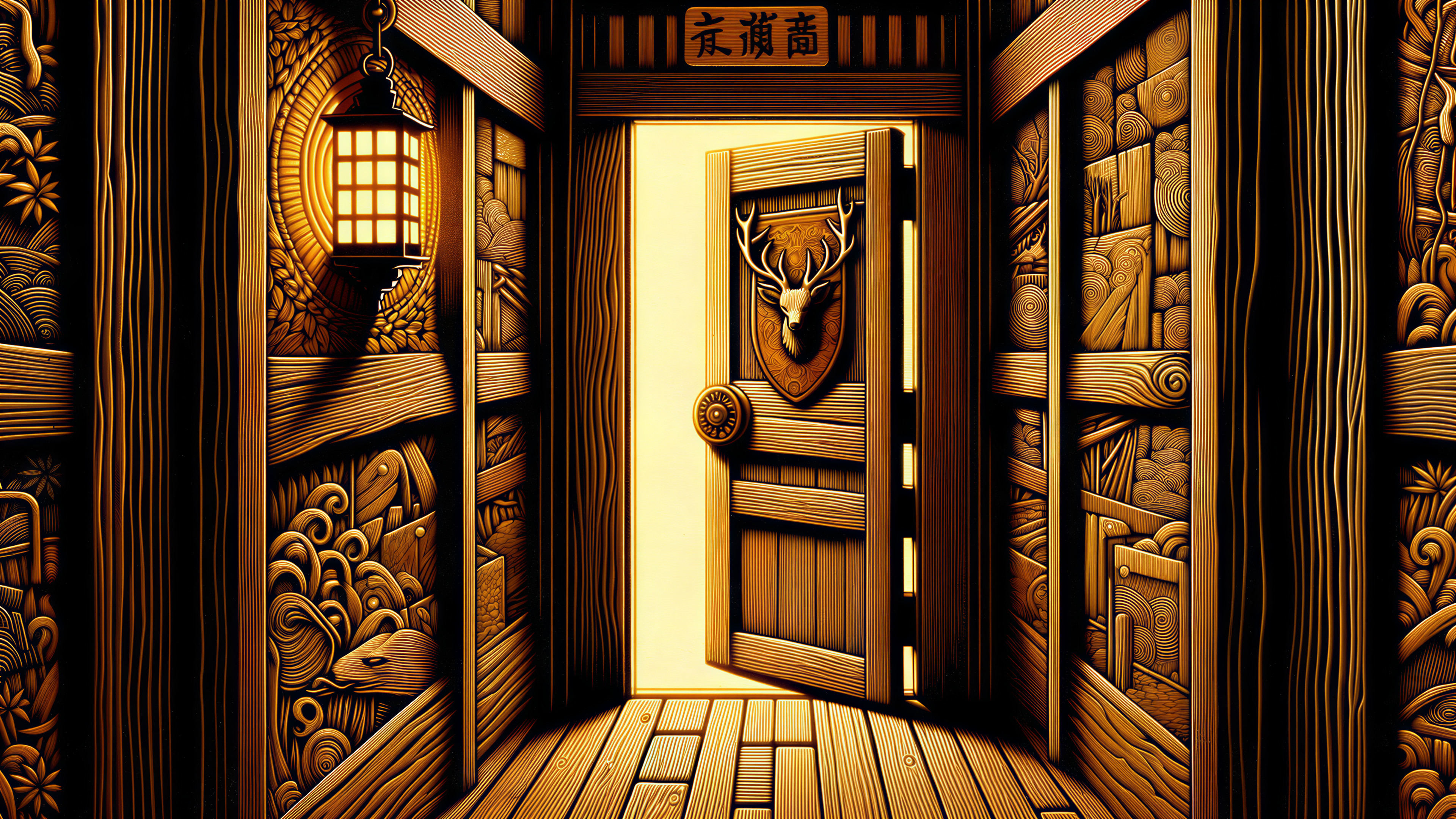 Rustic Wooden Door with Intricate Carvings and Lantern