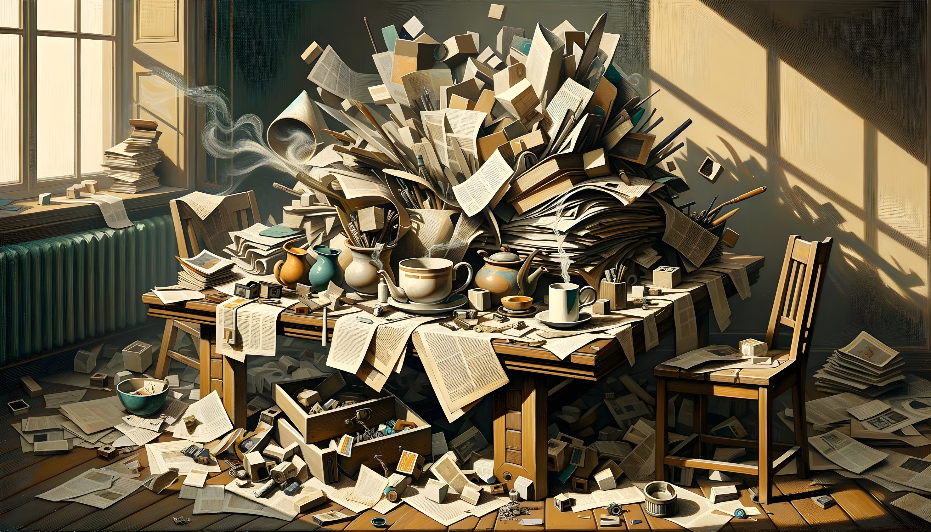 Cluttered Wooden Table with Papers and Colorful Objects