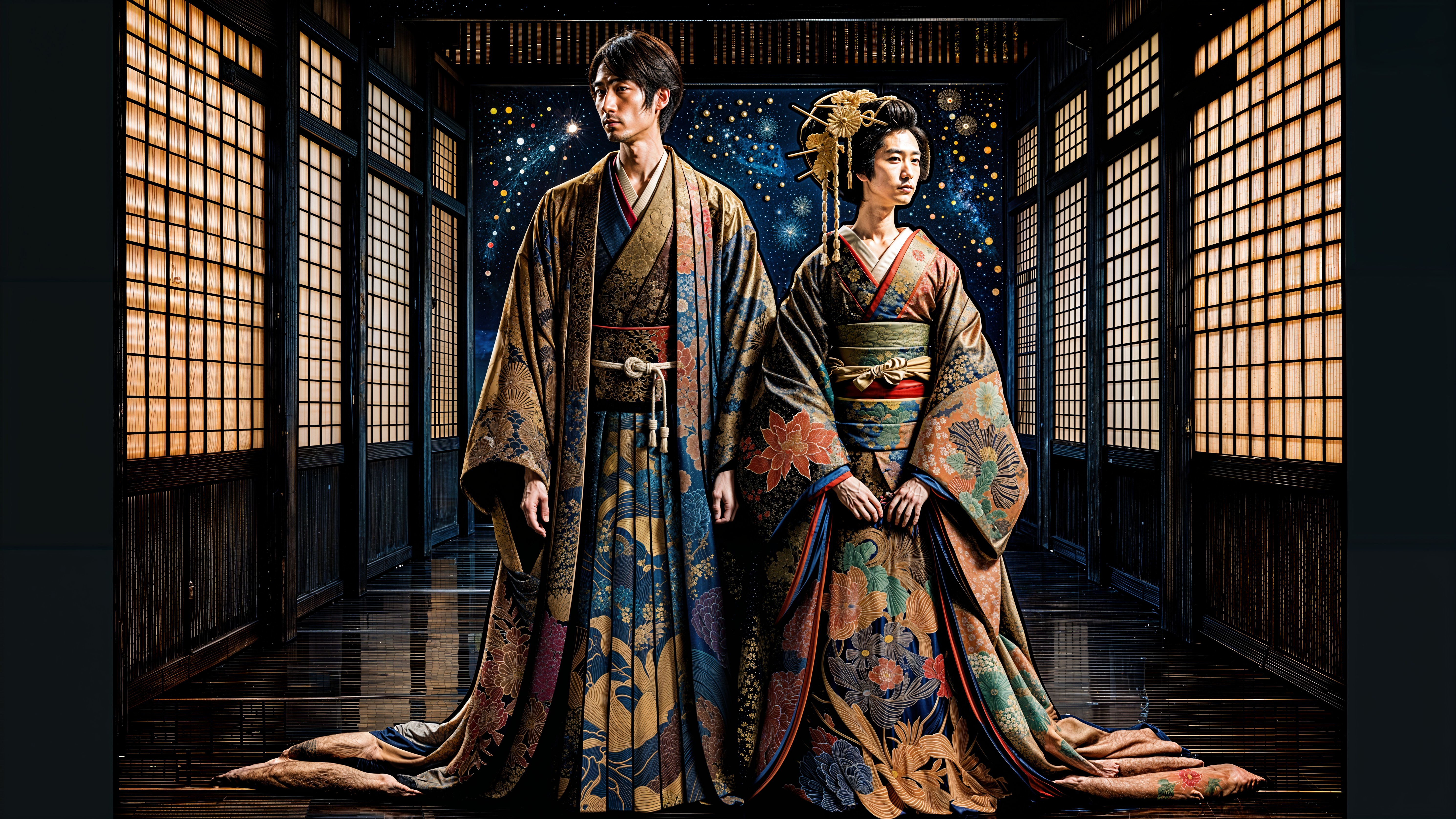 Traditional Japanese Kimonos in Serene Night Setting