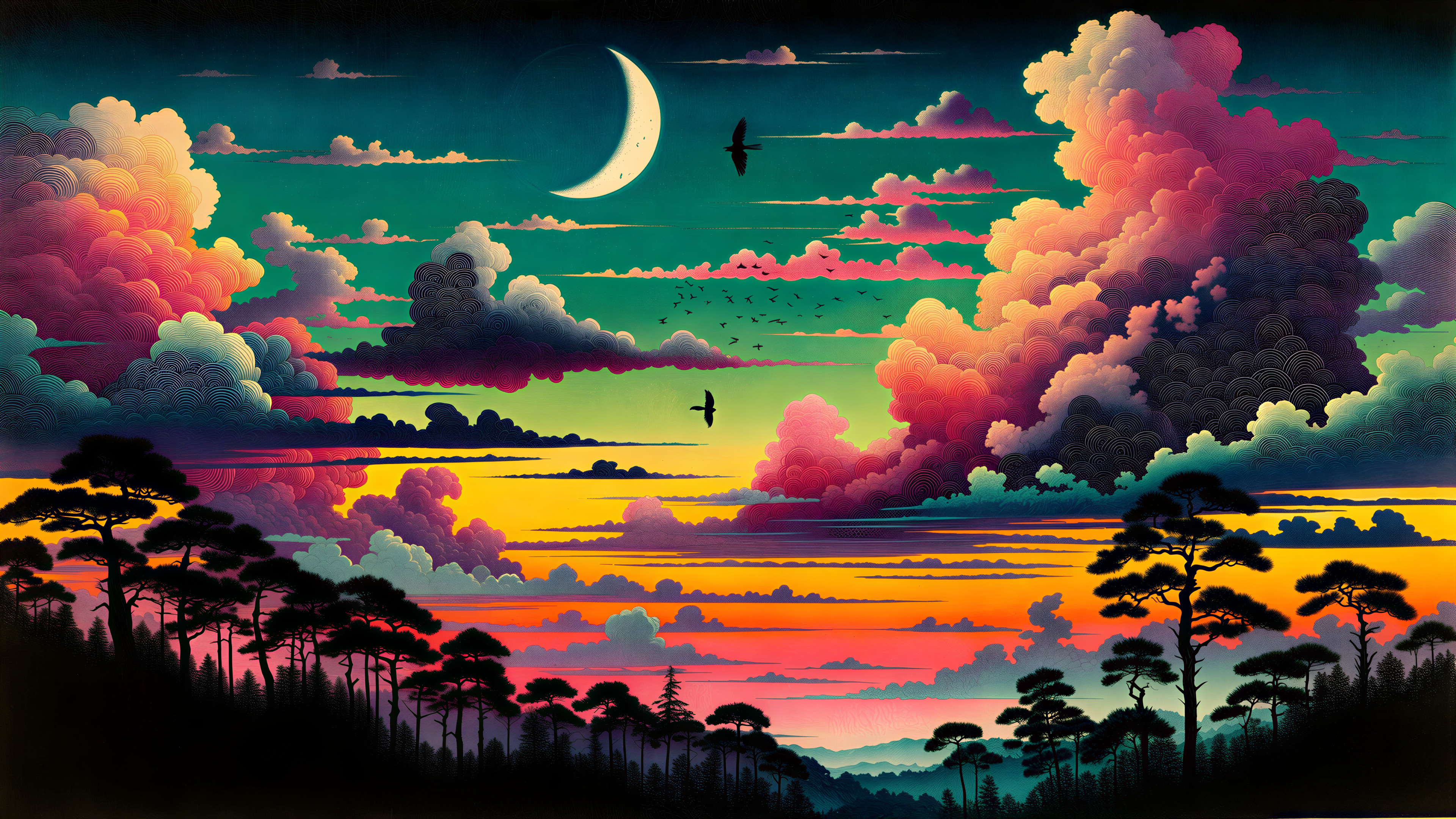 Vibrant Sunset with Silhouetted Pine Trees and Moon