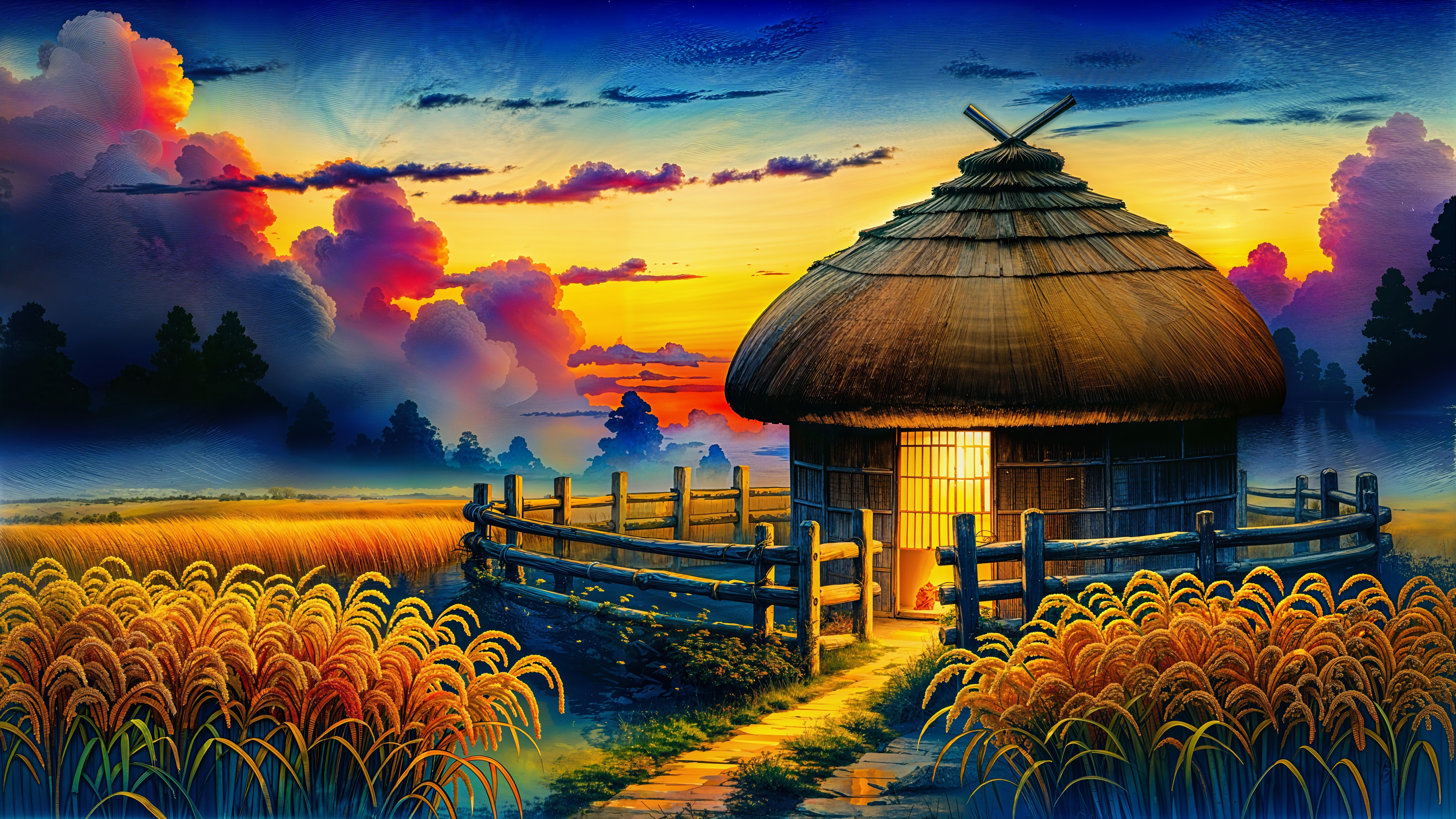 Serene countryside sunset with thatched-roof hut