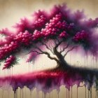 Purple Tree on Rocky Hill with Misty Mountains