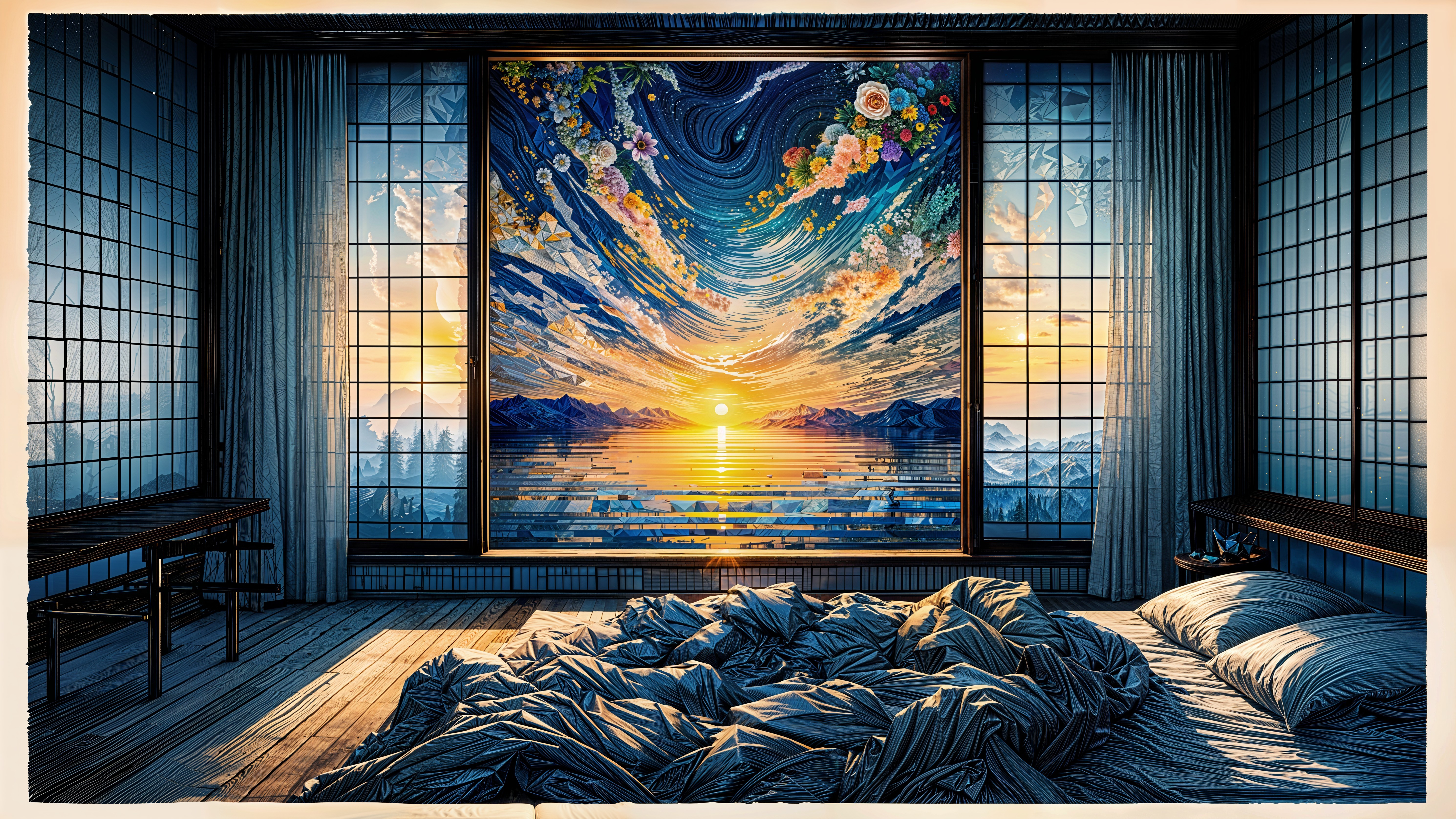 Serene Bedroom with Sunset Mural and Cozy Atmosphere
