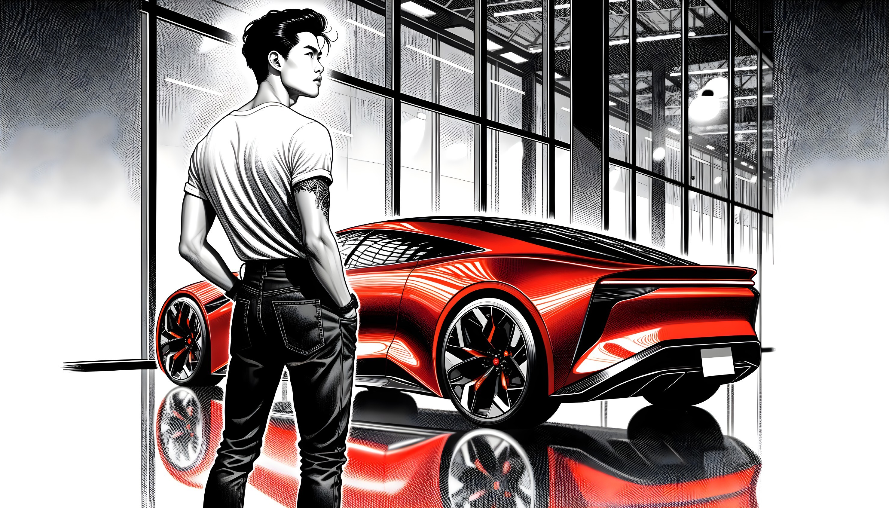 Young man admires sleek red futuristic car in garage