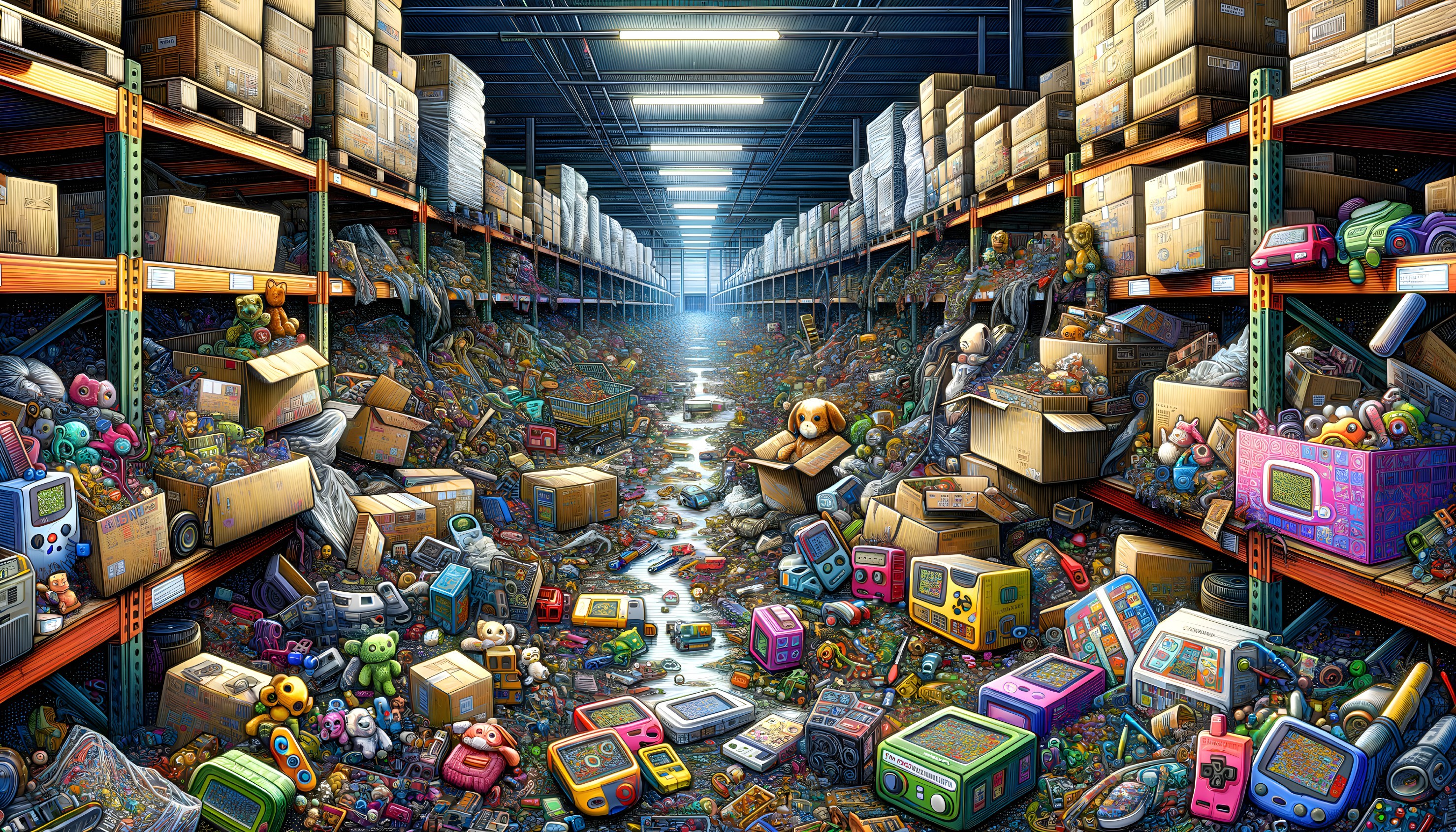 Cluttered Warehouse Aisle with Toys and Boxes
