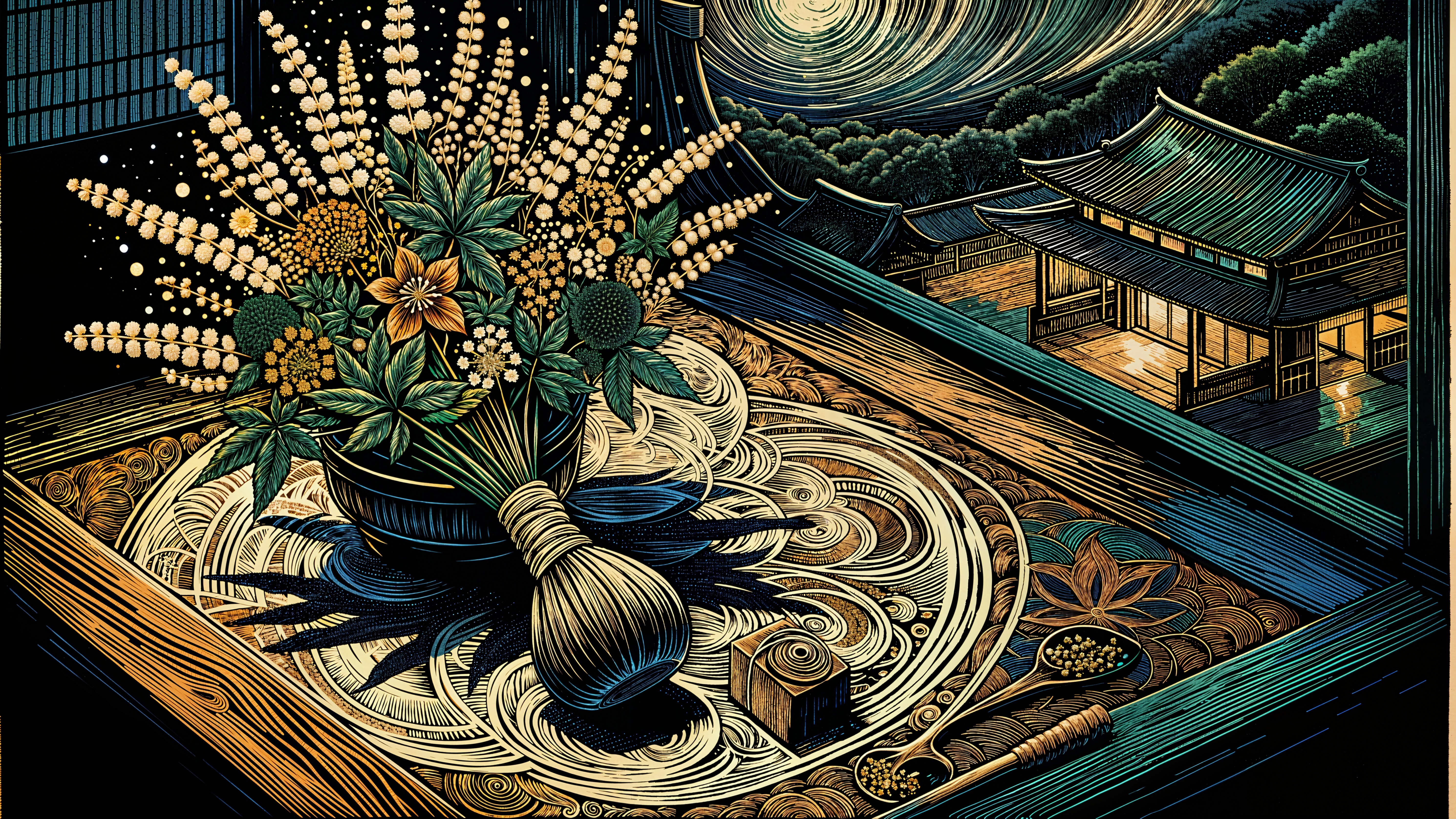 Intricate Still Life with Flowers and Tea Ceremony