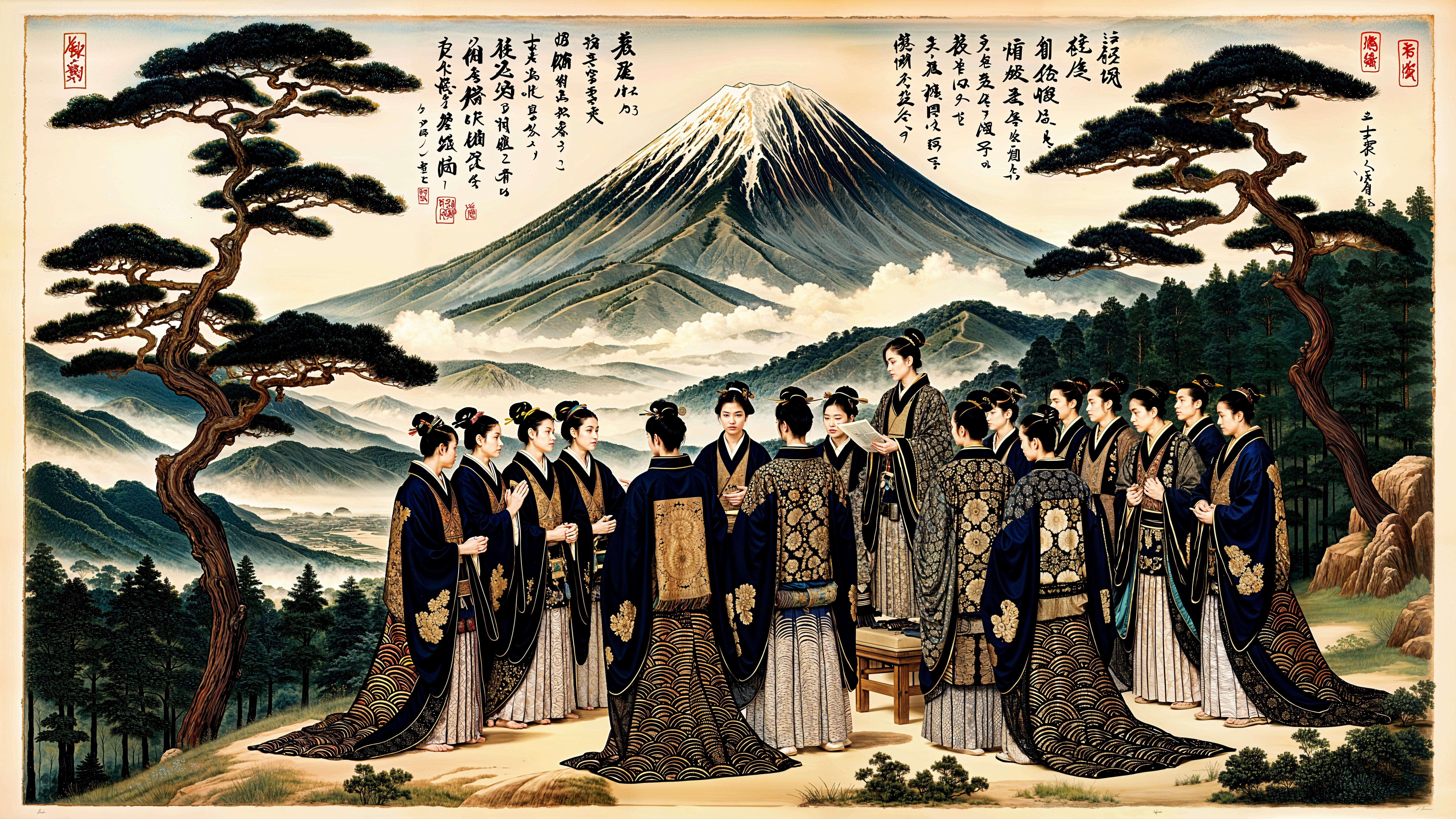 Traditional Japanese Scene with Mount Fuji and Figures