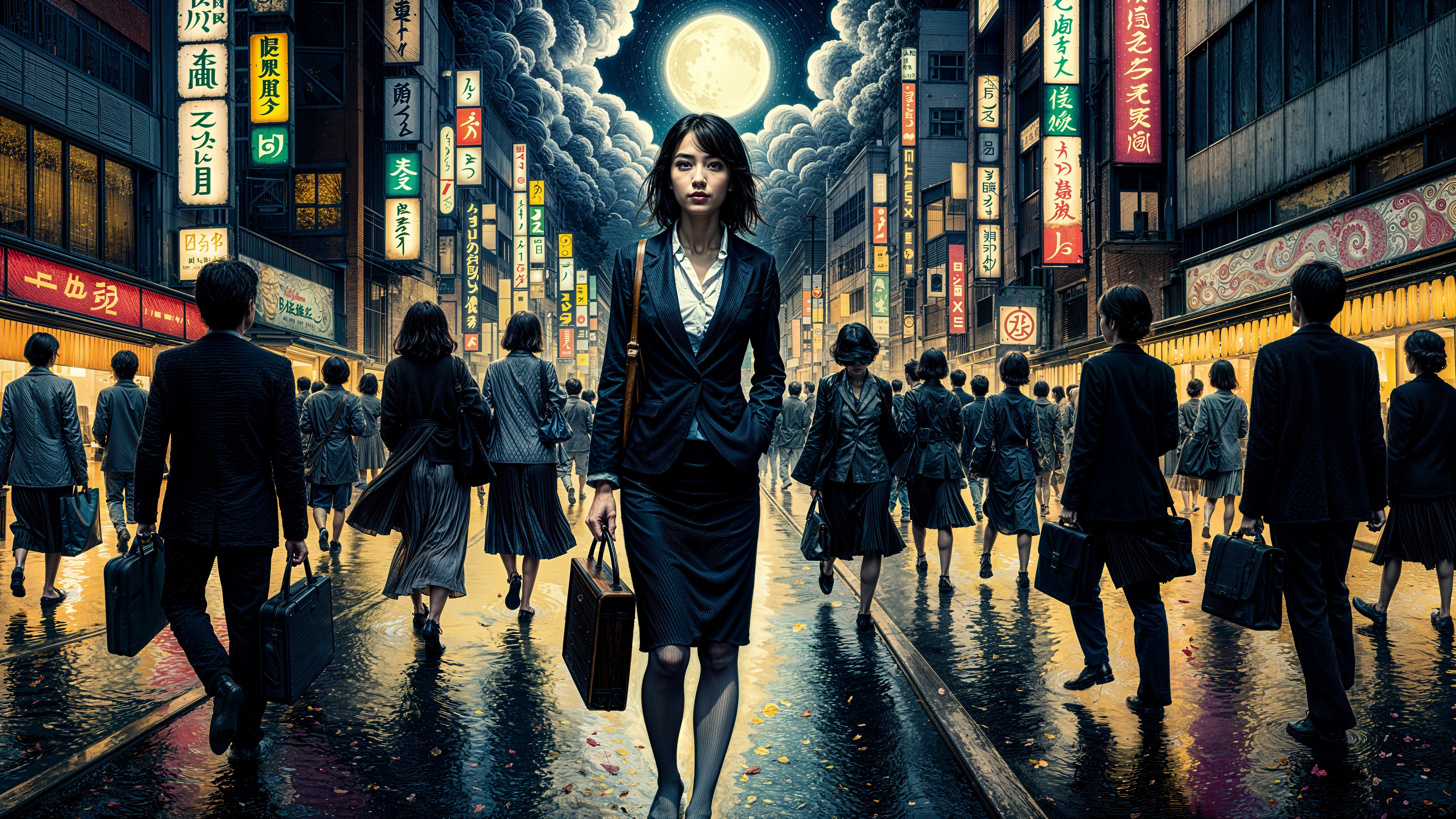 Neon-Lit Cityscape with Confident Businesswoman
