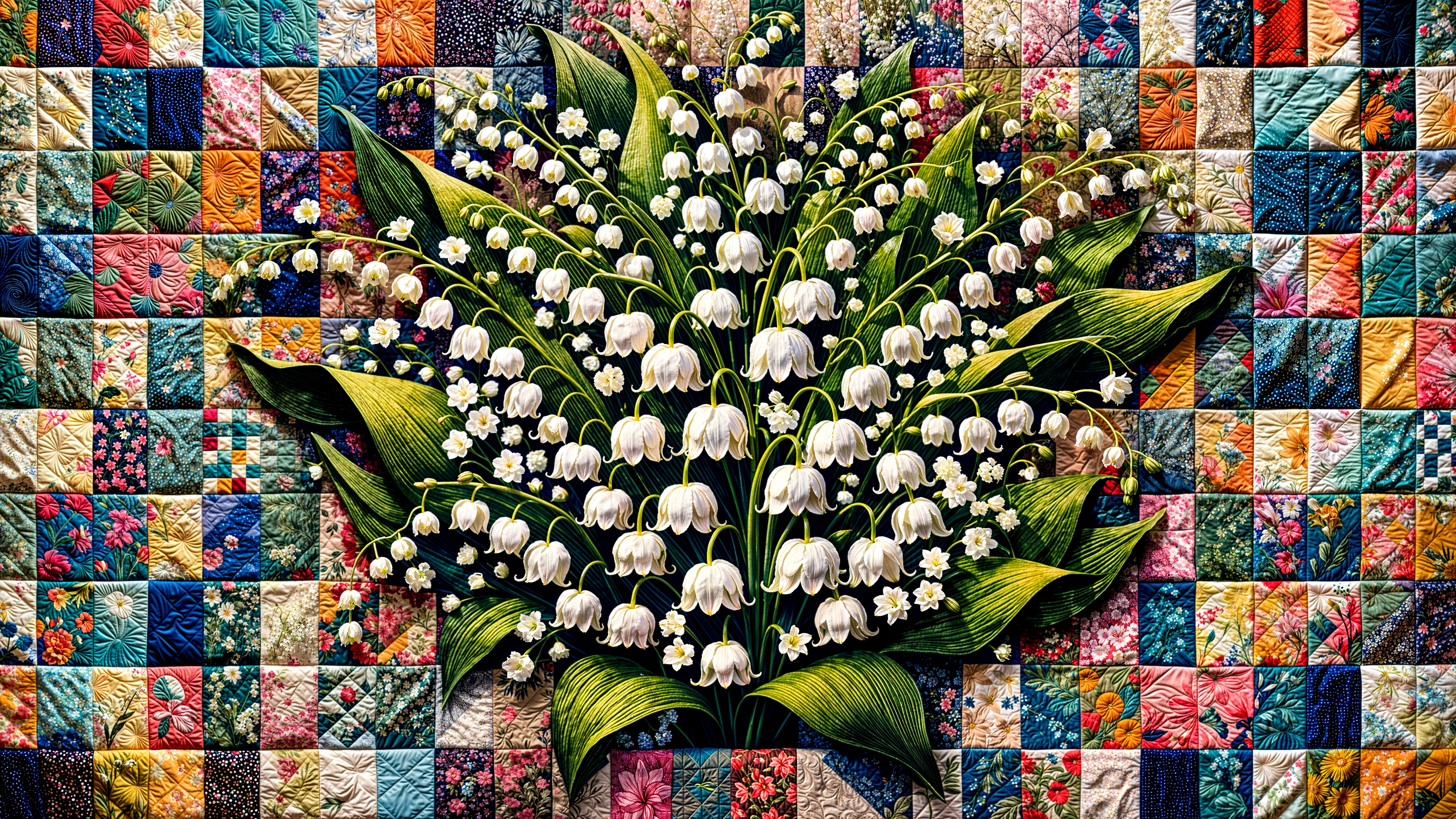 Vibrant Quilt with White Lilies and Colorful Patterns