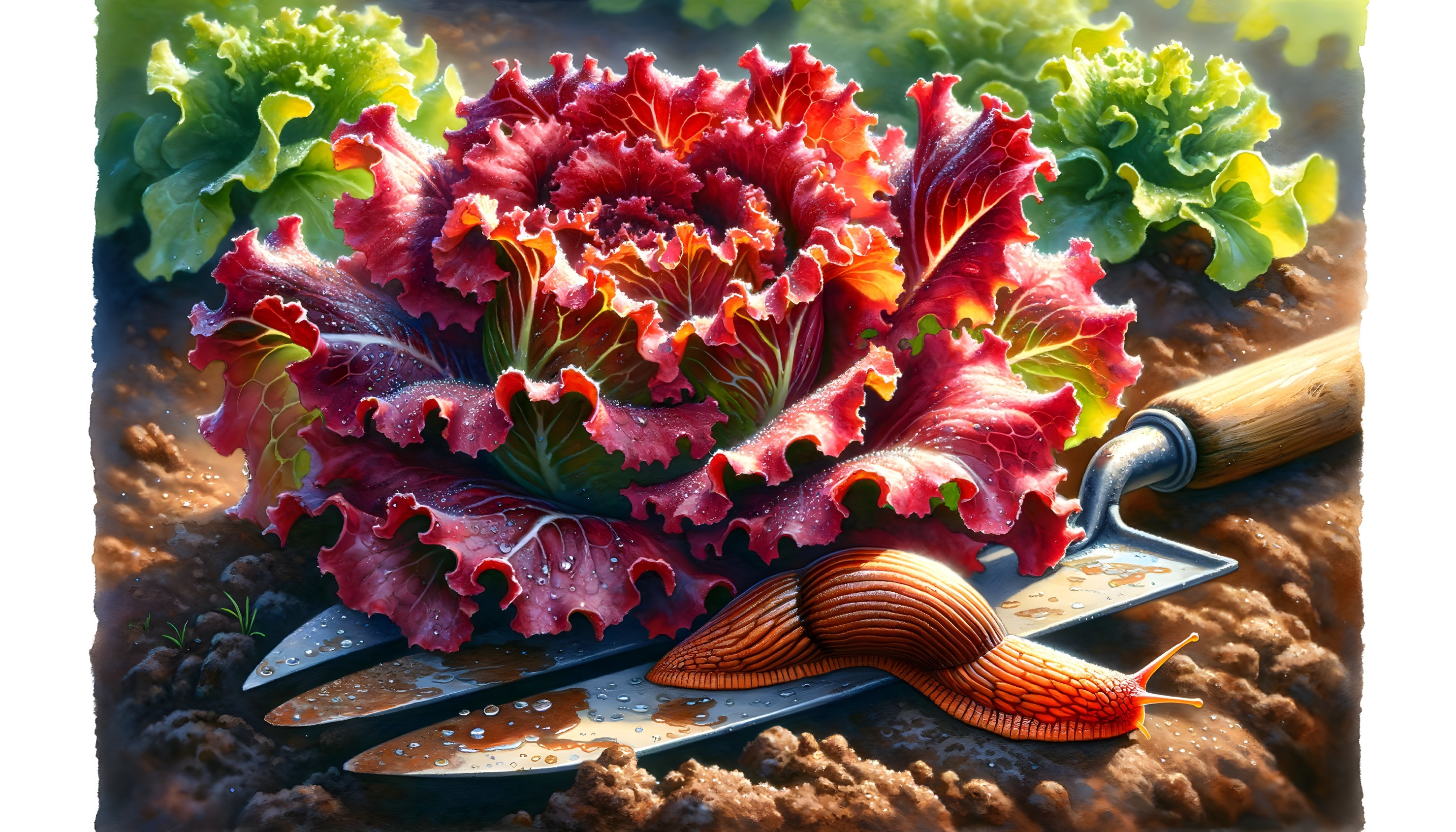 Vibrant Red Lettuce in Dewy Garden Setting