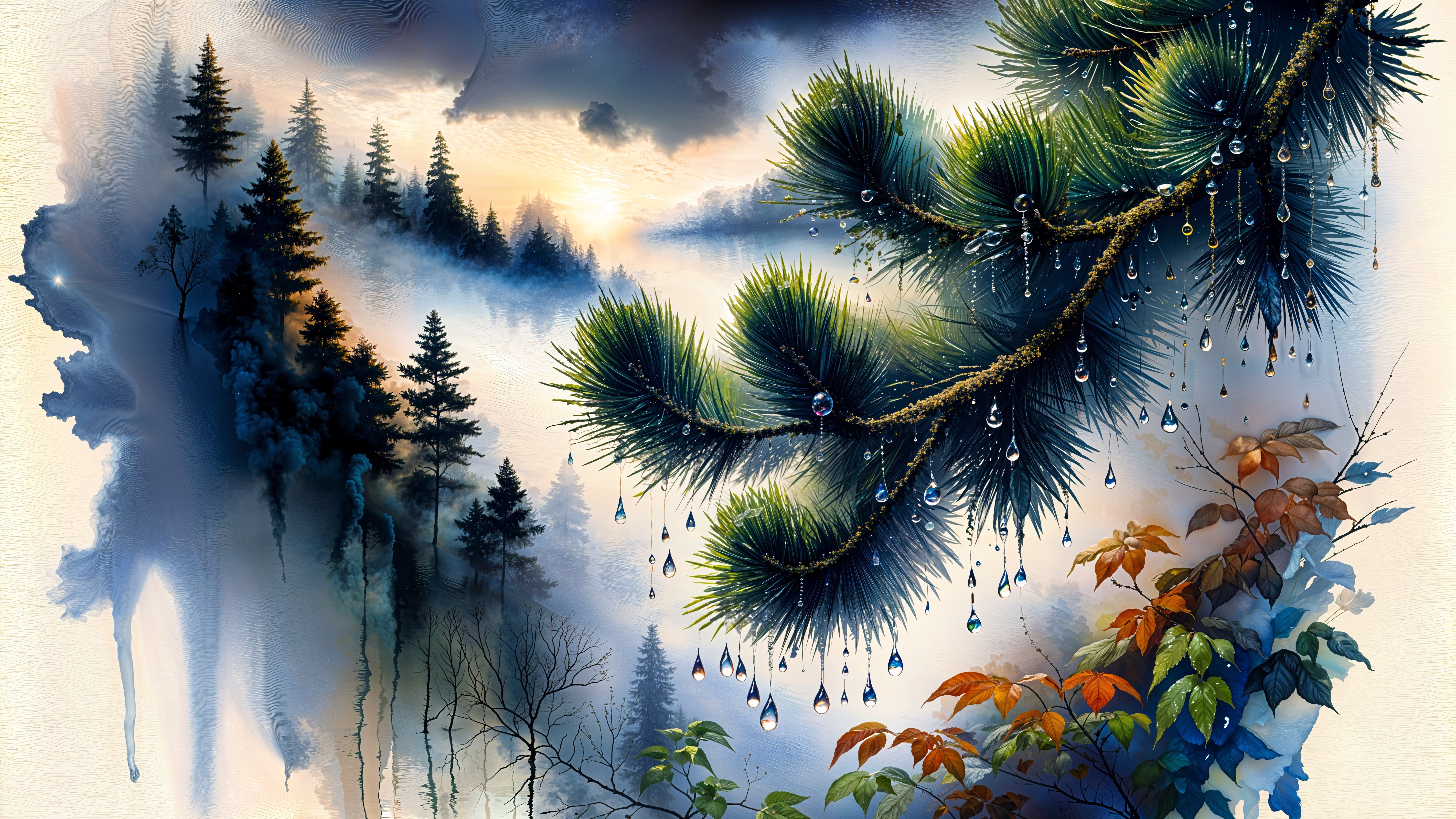 Misty Forest Landscape with Detailed Pine Branch