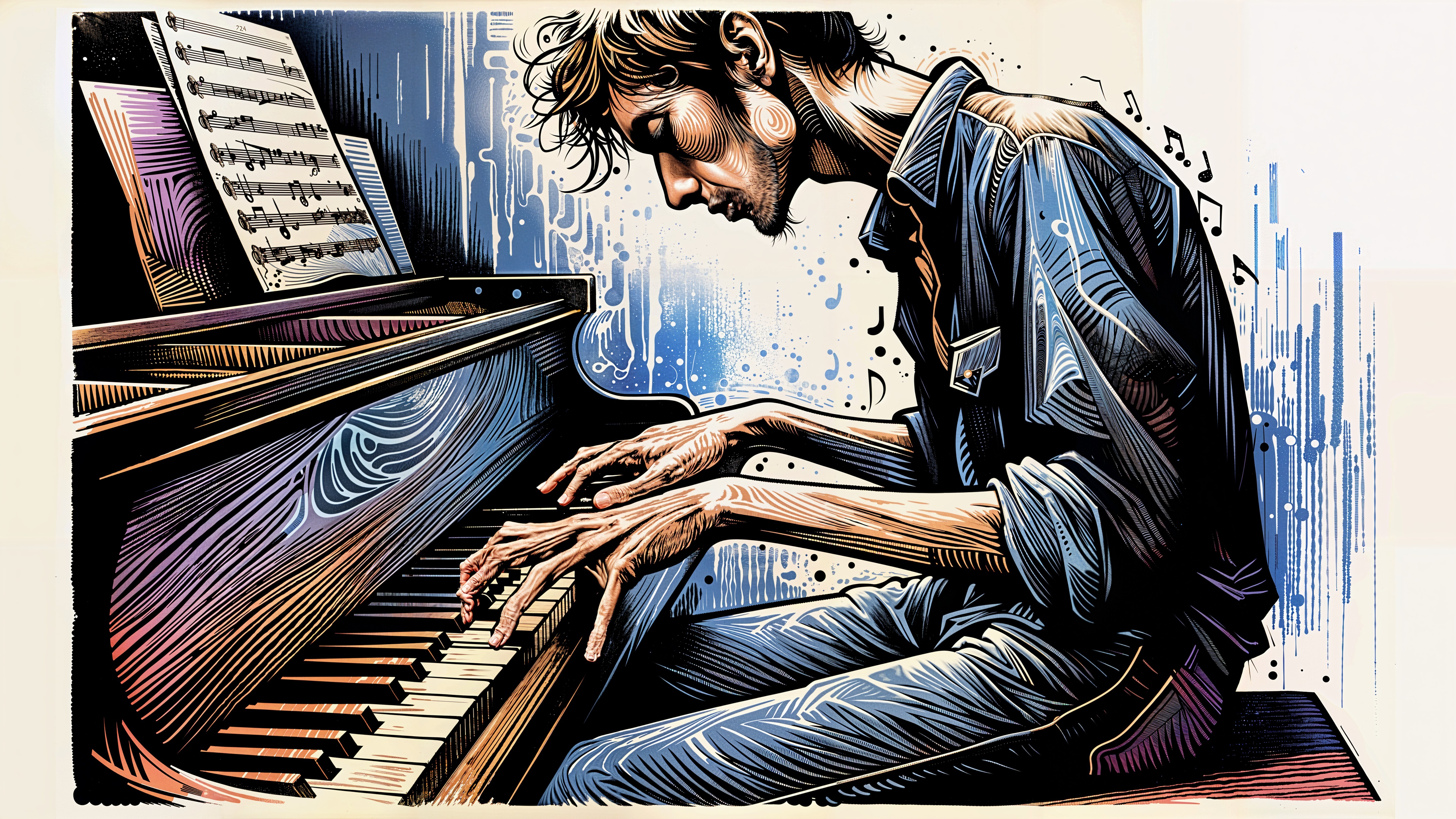 Musician Playing Piano with Concentration and Emotion