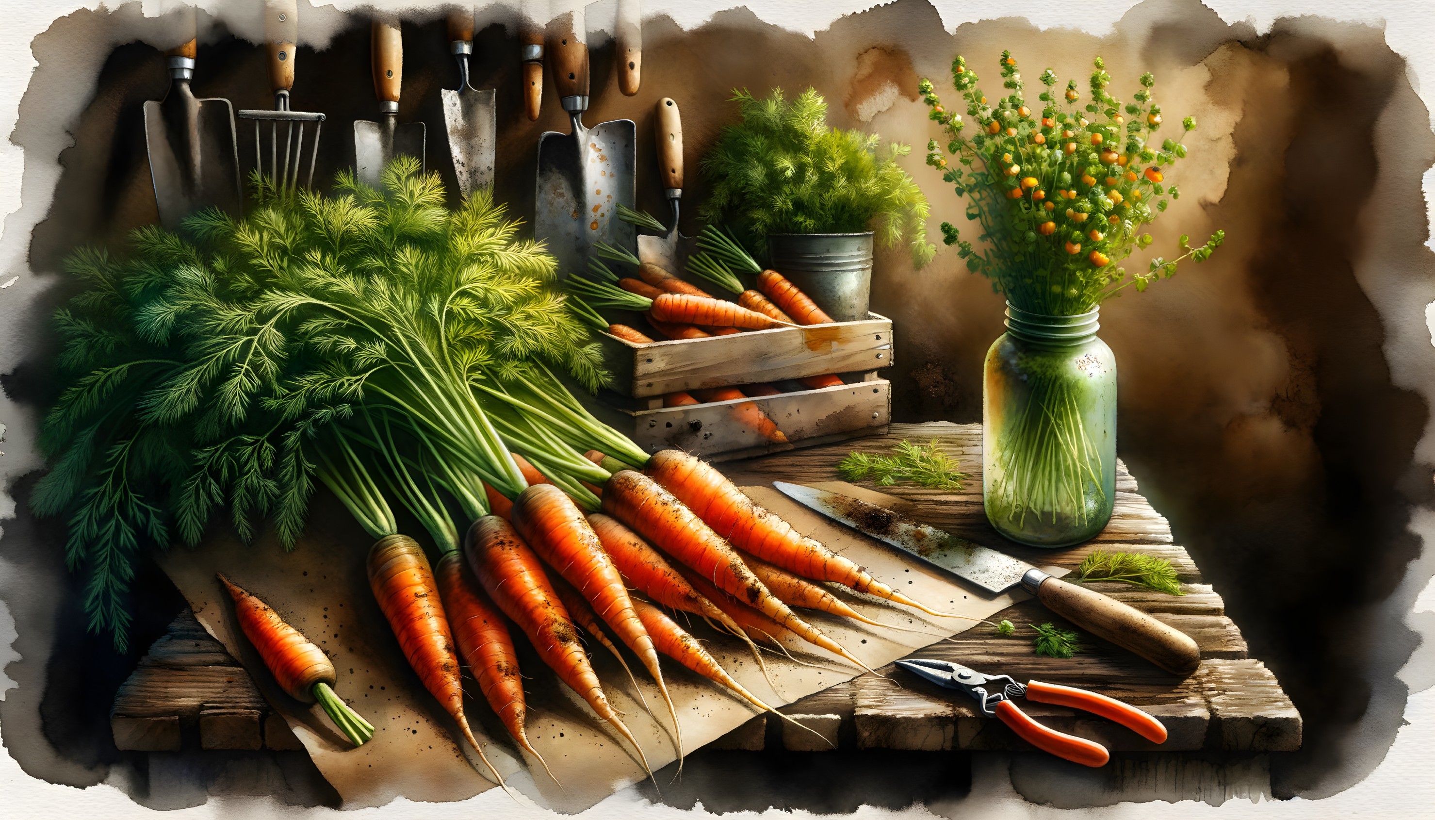Rustic Wooden Table with Fresh Carrots and Herbs