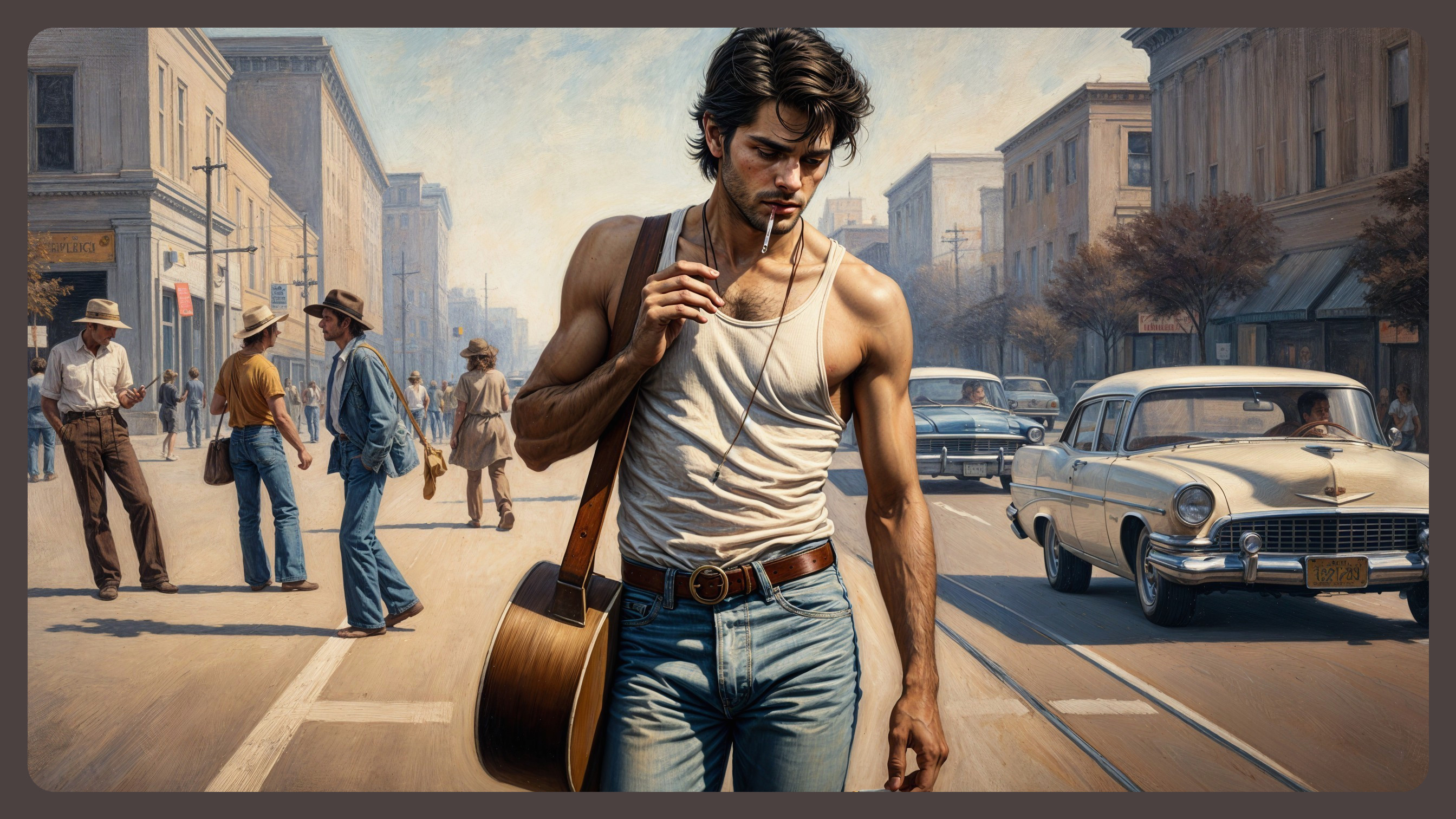 Young man with guitar in vintage small-town setting
