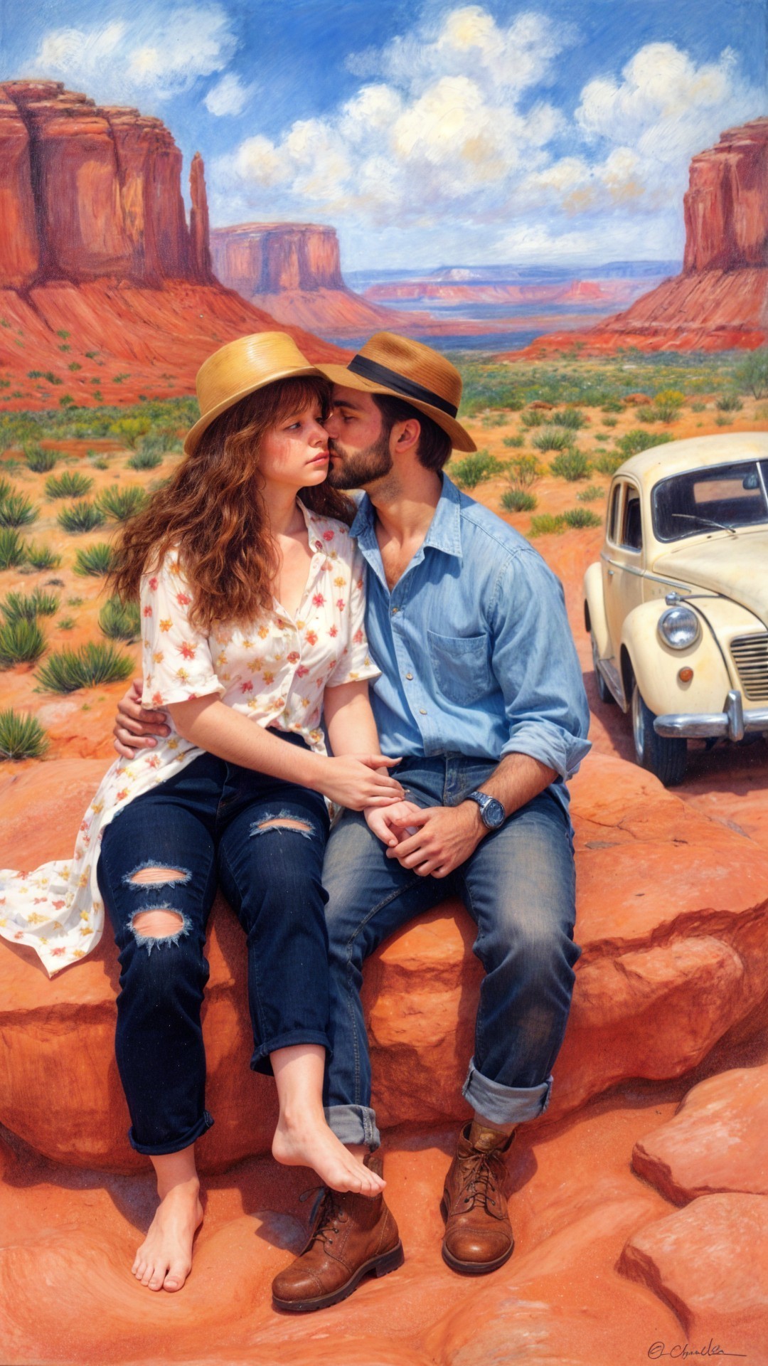 Couple in Desert Landscape with Vintage Car and Rocks