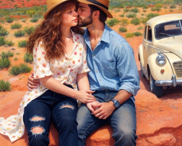 Couple in Desert Landscape with Vintage Car and Rocks