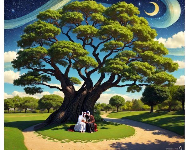 Couple under large tree with surreal night sky