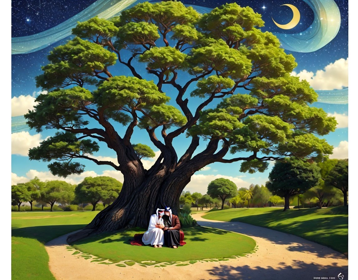 Couple under large tree with surreal night sky