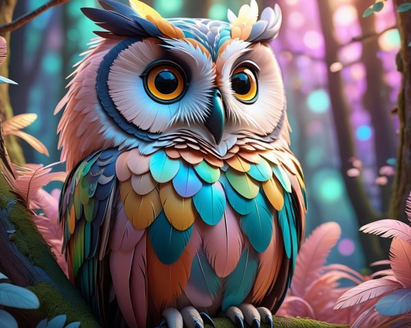 Colorful Cartoon Owl in a Magical Forest Setting