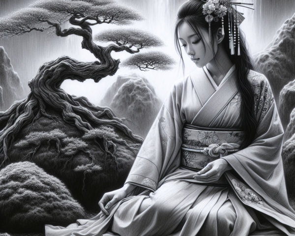 Serene Landscape with Woman in Traditional Kimono