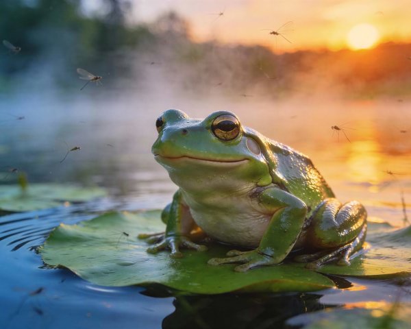 Green Frog on Lily Pad with Dragonflies in Pond