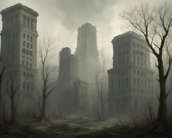 Eerie Digital Painting of a Foggy Gothic Cityscape