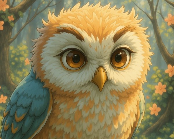 Whimsical Cartoon Owl in a Lush Forest Setting