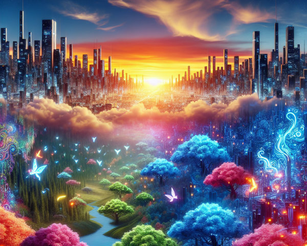 Futuristic Cityscape Above a Magical Forest Landscape