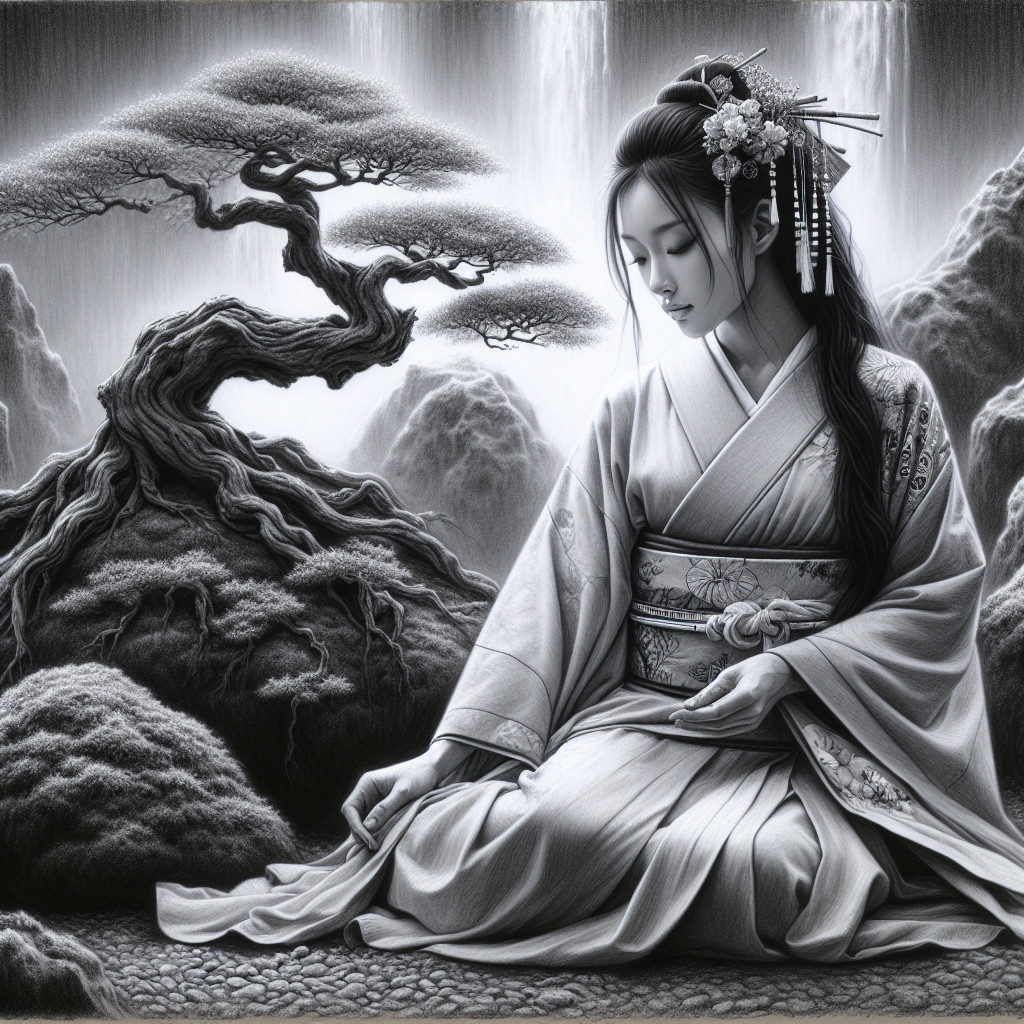 Serene Landscape with Woman in Traditional Kimono