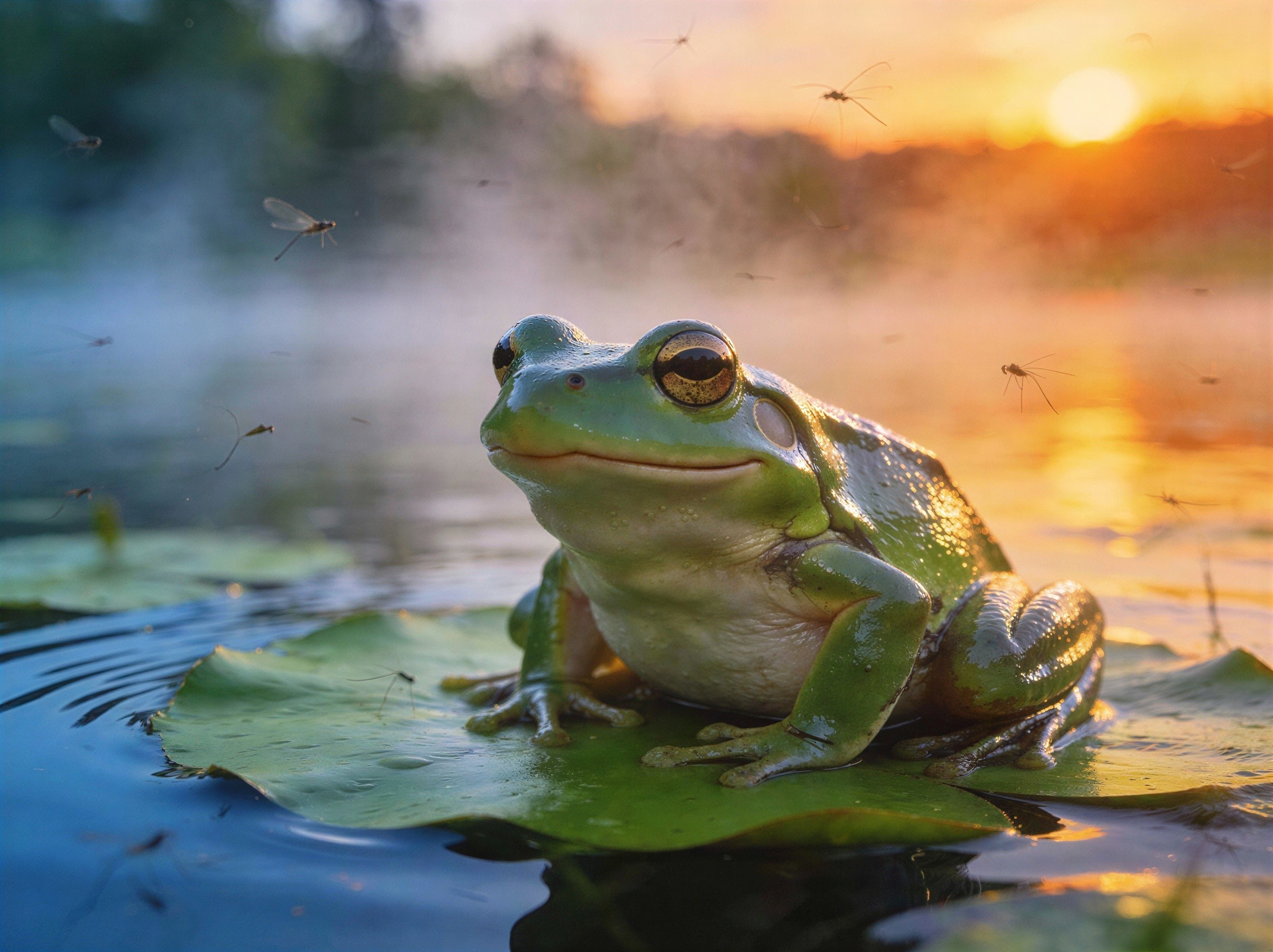 Green Frog on Lily Pad with Dragonflies in Pond